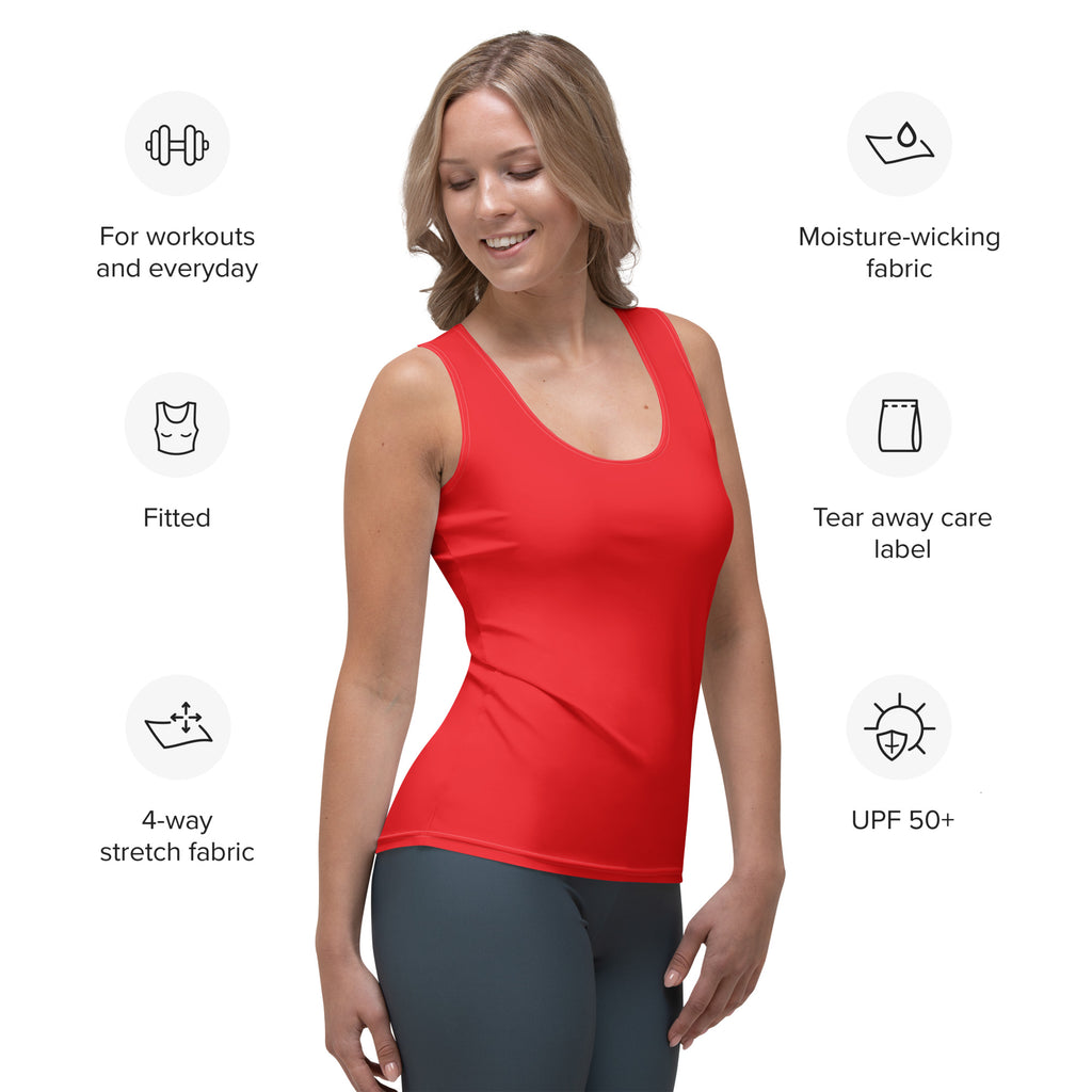 Women’s red fitted tank top made of quick drying 4-way stretch moisture-wicking fabric with upf 50+ protection