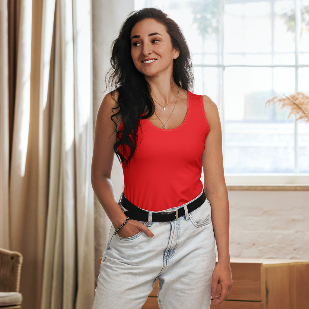 Women’s red tank top with rounded neckline made of quick drying buttery soft fabric with UPF 50 plus protection