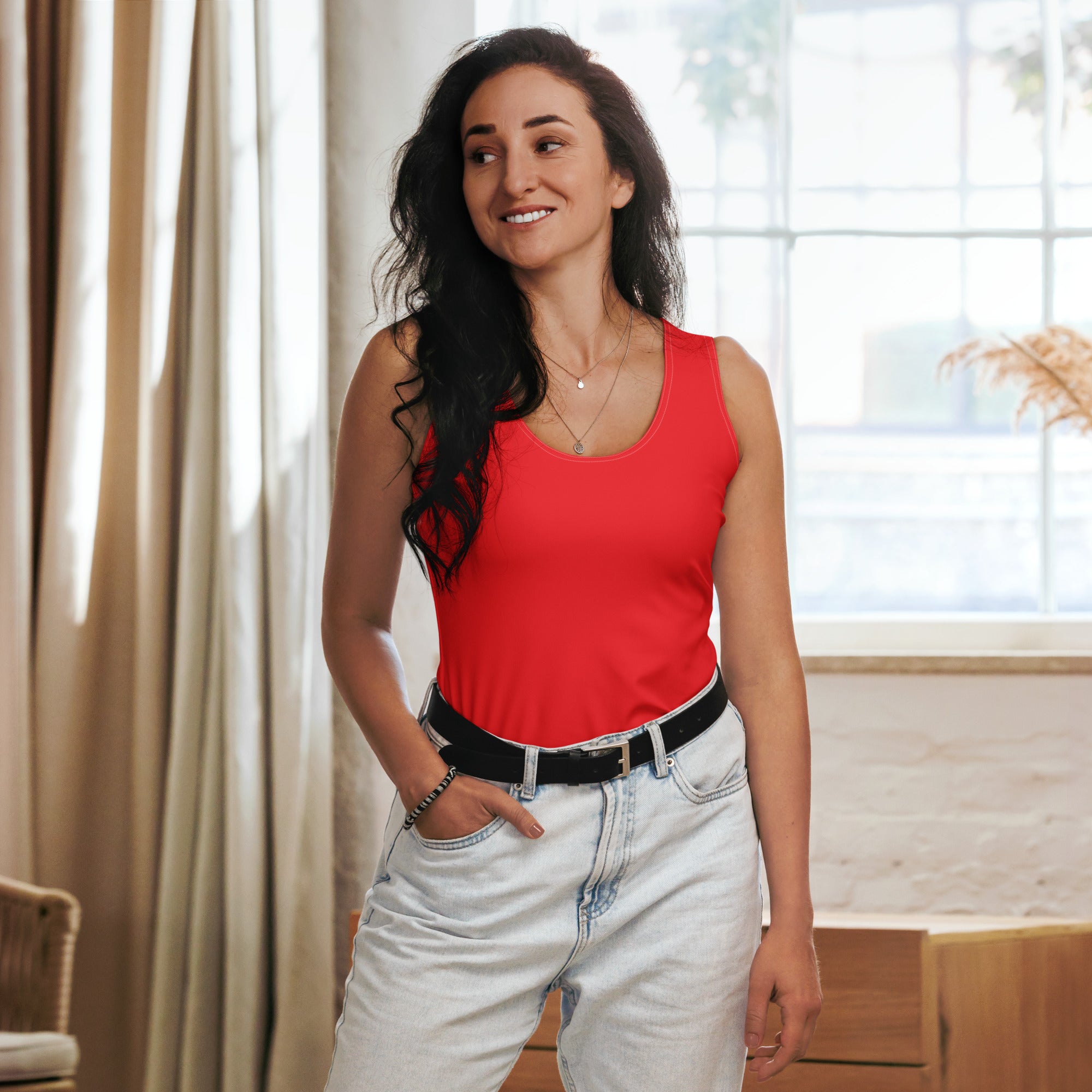 Women’s red tank top with rounded neckline made of quick drying buttery soft fabric with UPF 50 plus protection