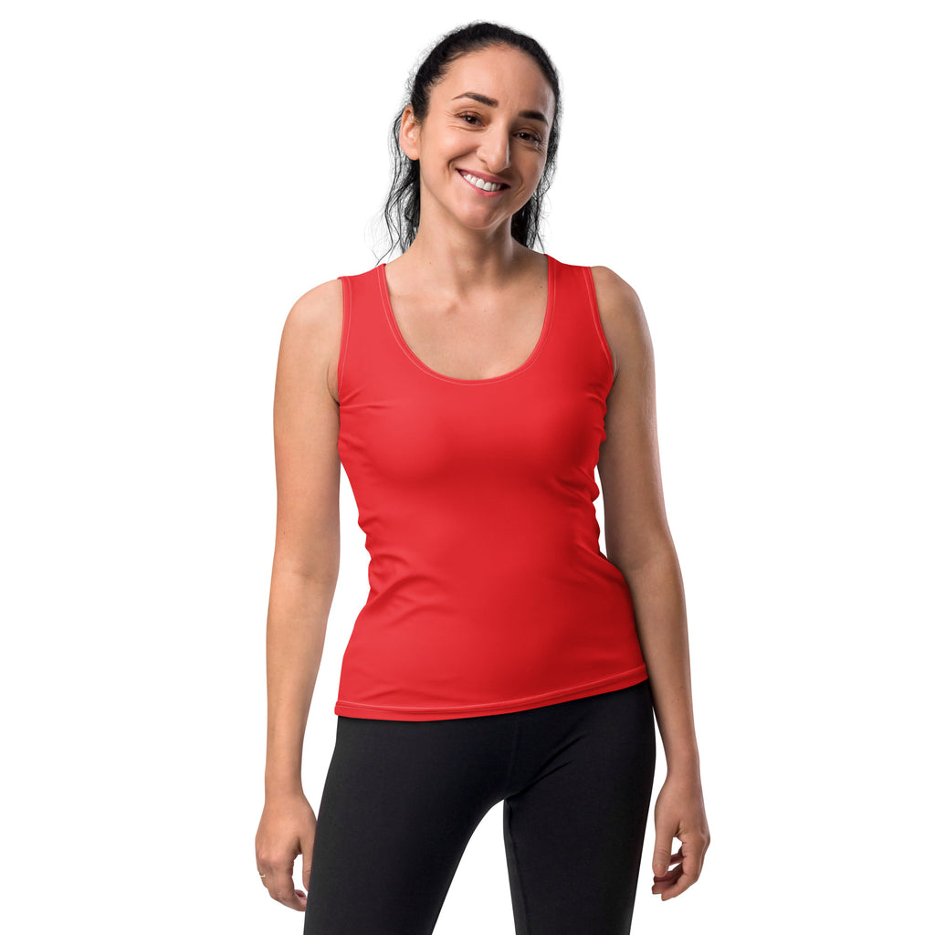 Women’s red tank top with scoop neckline quick drying buttery soft fabric and upf 50 plus protection