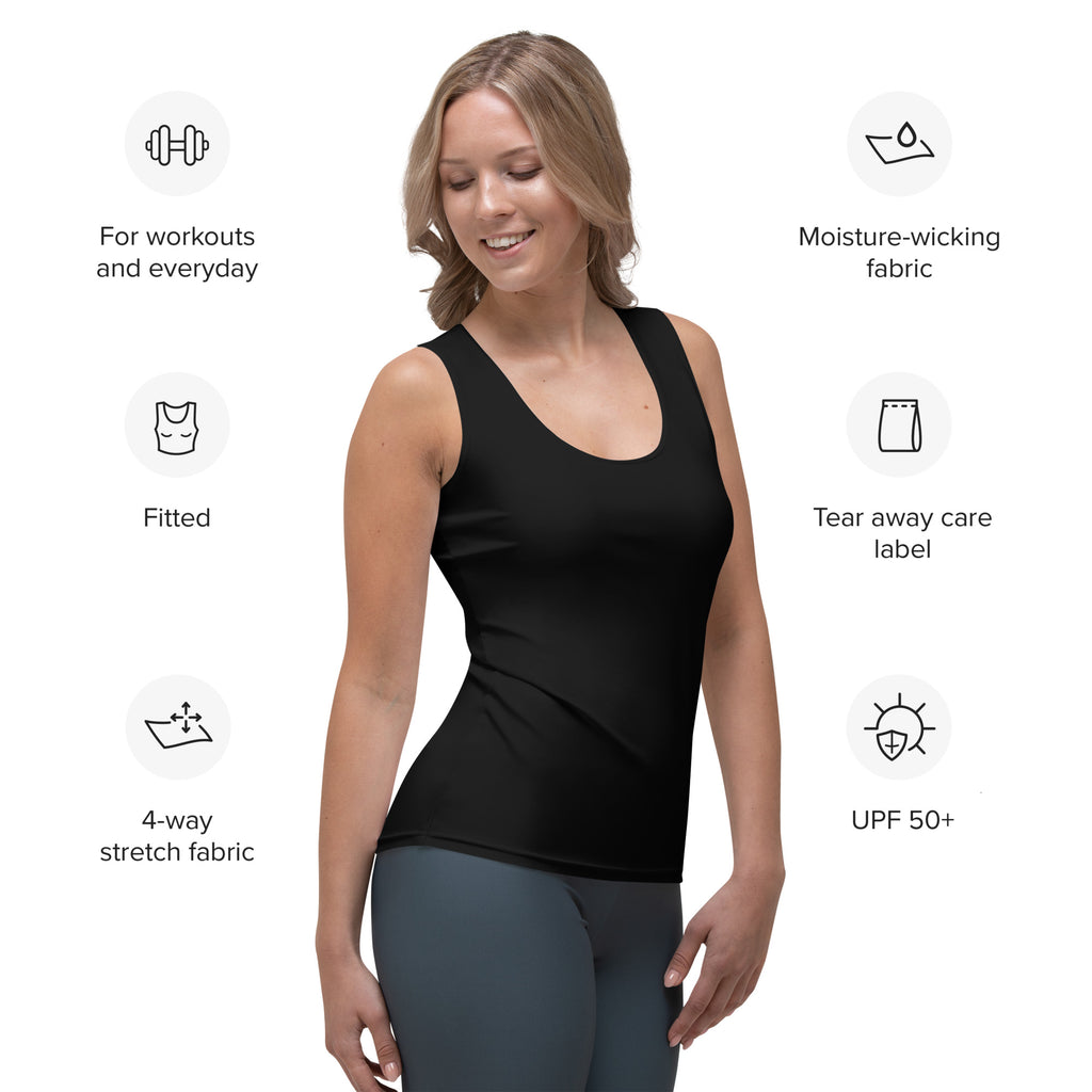 Women’s black tank top made of 4-way stretch moisture-wicking fabric with upf 50 plus sun protection