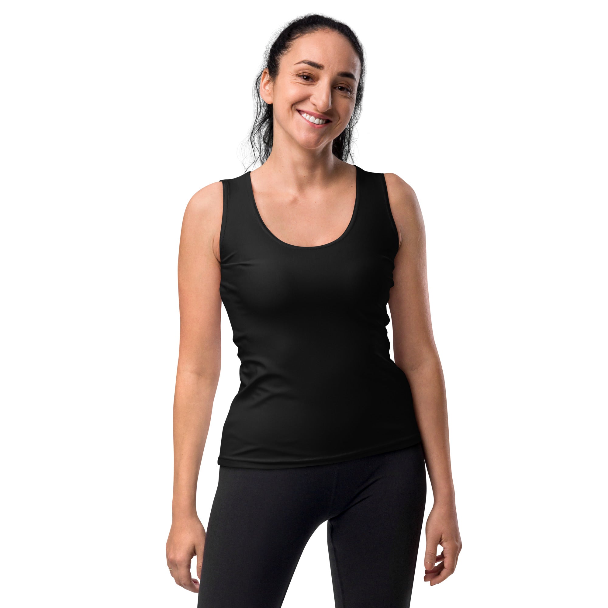 Women’s black tank top with quick drying buttery soft fabric and upf 50 plus in a sleeveless rounded neckline design