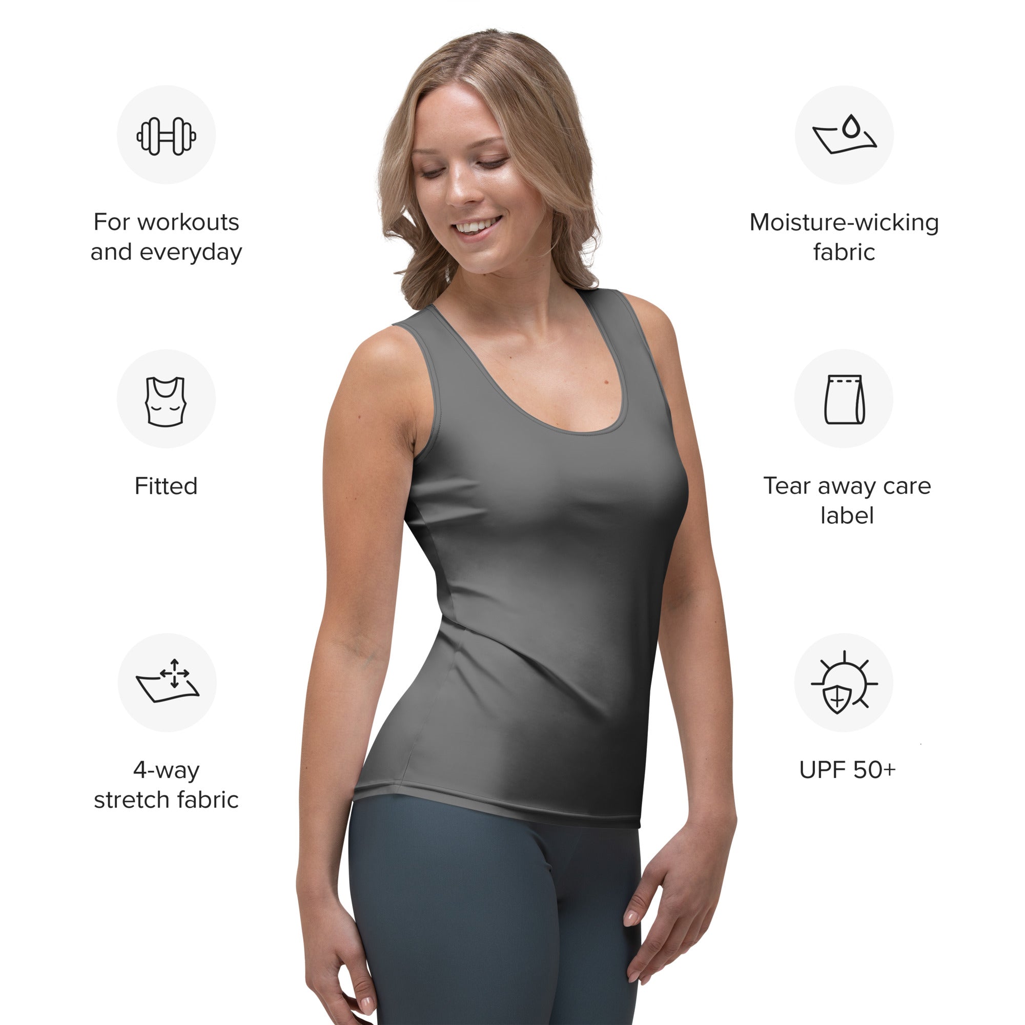 A sleek dark gray women’s tank top made from quick drying 4-way stretch moisture-wicking fabric with UPF 50+