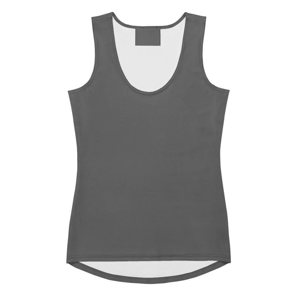 A sleek dark gray women’s tank top with buttery soft quick drying fabric and UPF 50 plus protection