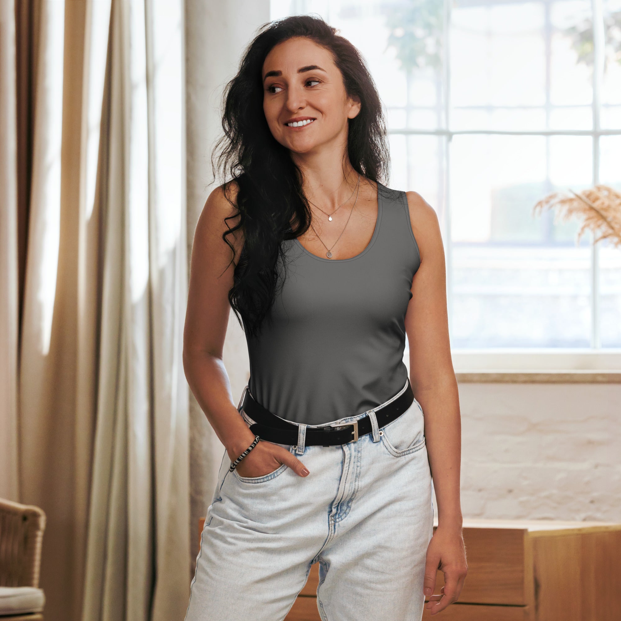Women’s gray tank top with rounded neckline quick drying buttery soft fabric and upf 50 plus protection