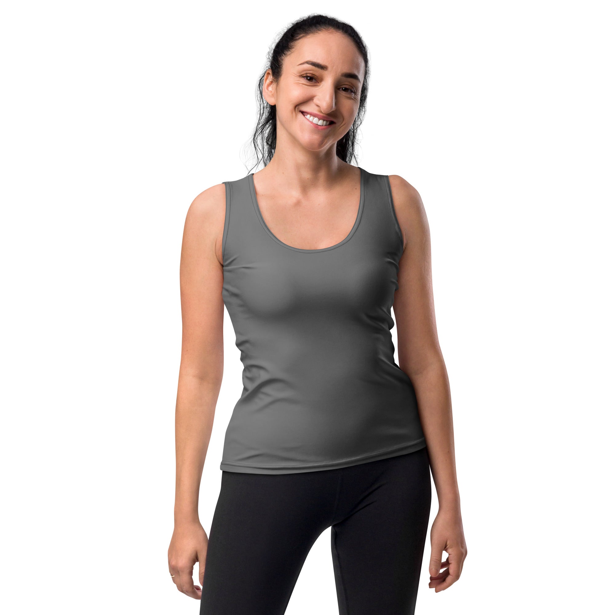 A sleek dark gray women’s tank top with quick drying buttery soft fabric and UPF 50 plus protection