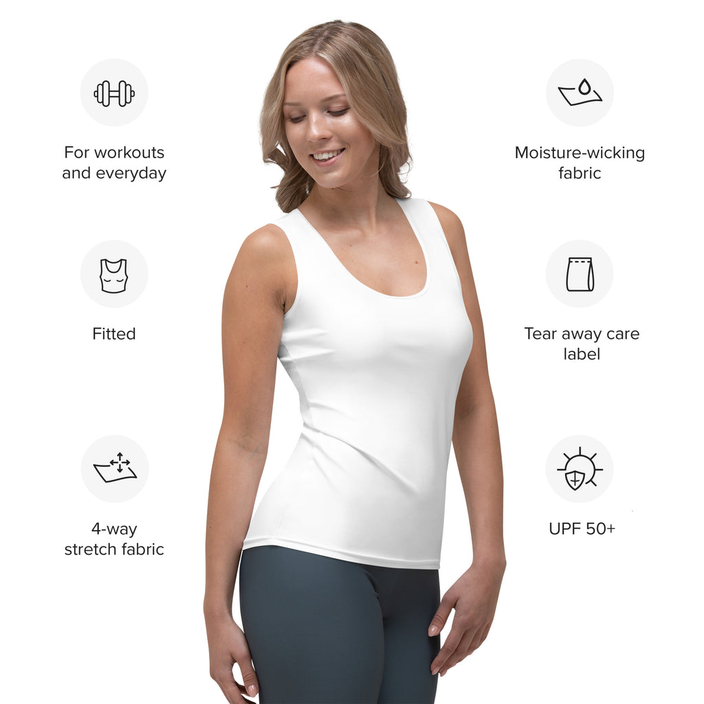 White fitted tank top made of quick drying buttery soft 4-way stretch fabric with upf 50 plus protection