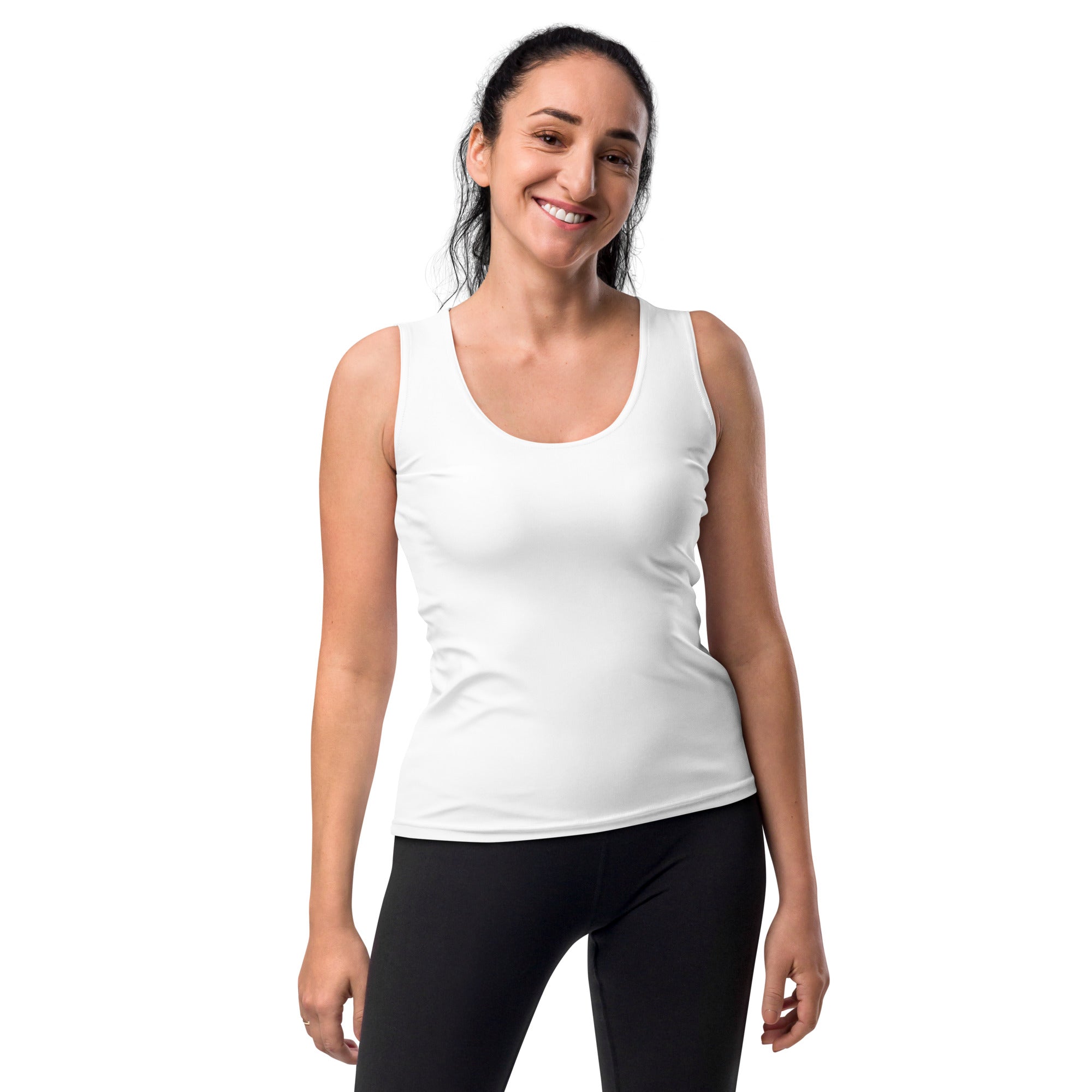 White sleeveless tank top with buttery soft, quick drying fabric and UPF 50 plus for sun protection
