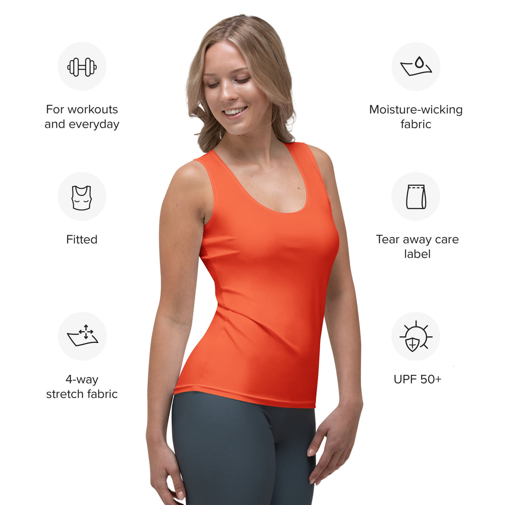 A vibrant orange women’s tank top made from buttery soft 4-way stretch moisture-wicking fabric with UPF 50+