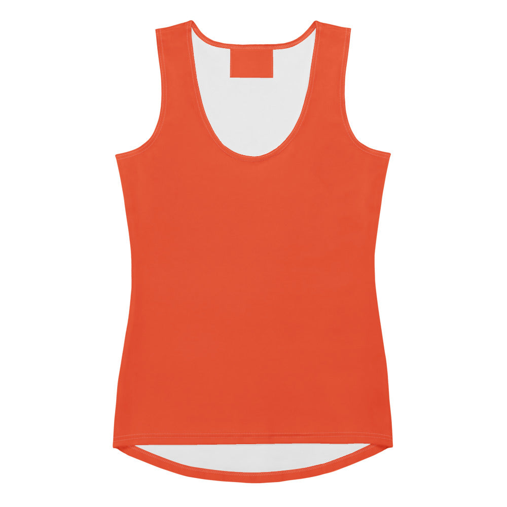 Women’s orange tank top with white interior lining quick drying buttery soft fabric and upf 50 plus protection