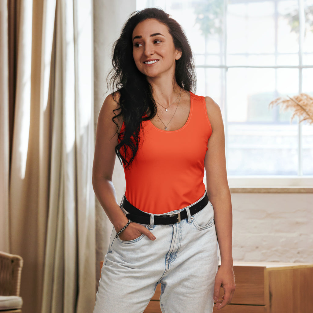Women’s orange sleeveless tank top with scoop neckline quick drying buttery soft fabric and UPF 50 plus protection