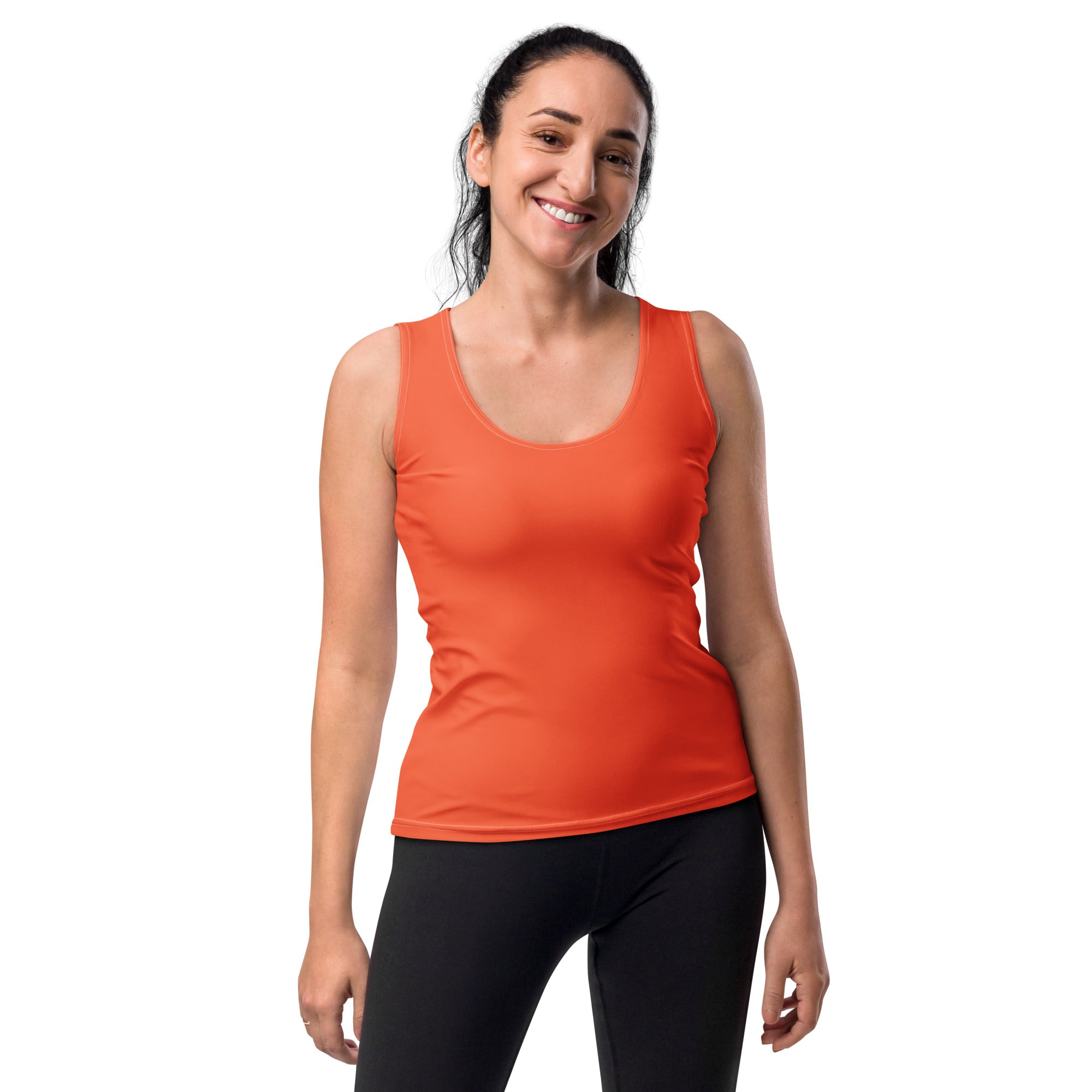 Women’s orange sleeveless tank top made of quick drying buttery soft fabric with upf 50 plus protection
