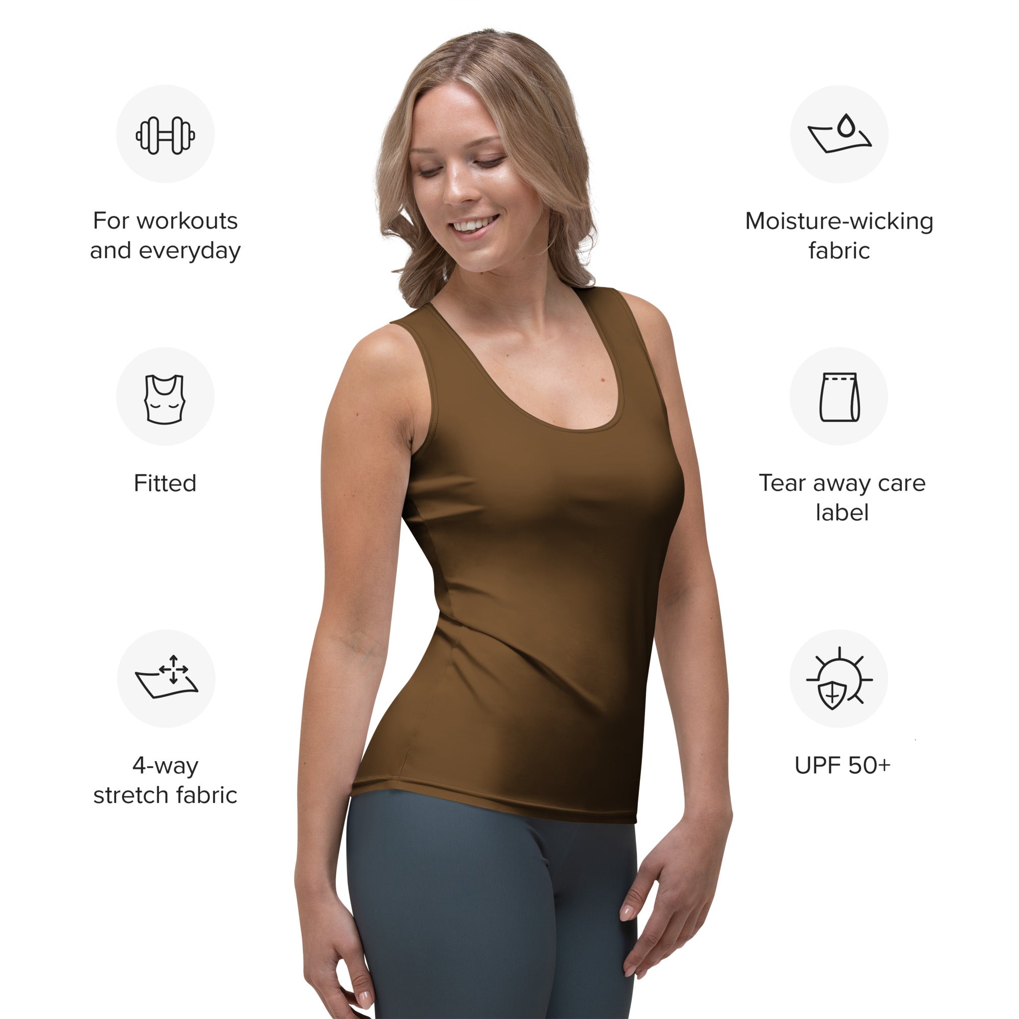 A fitted olive green tank top made from moisture-wicking 4-way stretch fabric with upf 50 plus protection