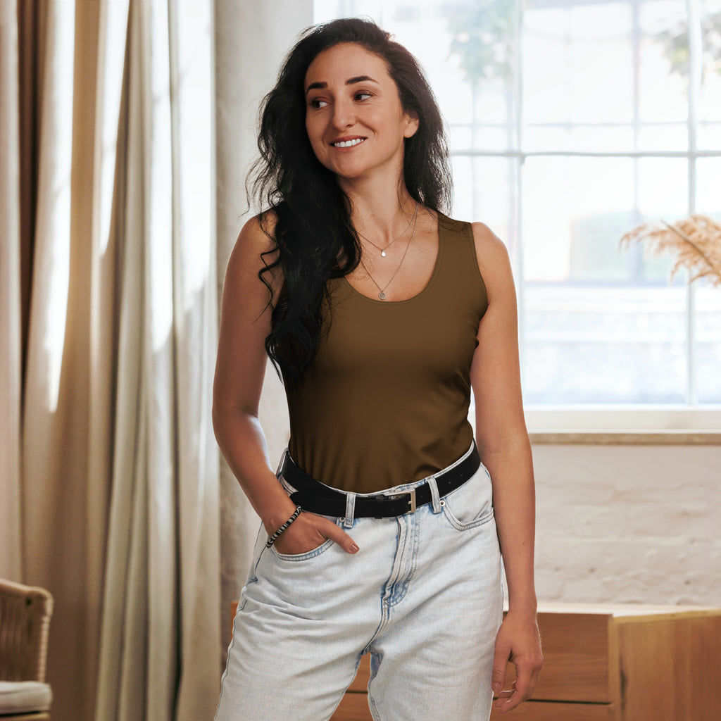 Olive green sleeveless women’s tank top with rounded neckline made of buttery soft quick drying fabric with UPF 50+