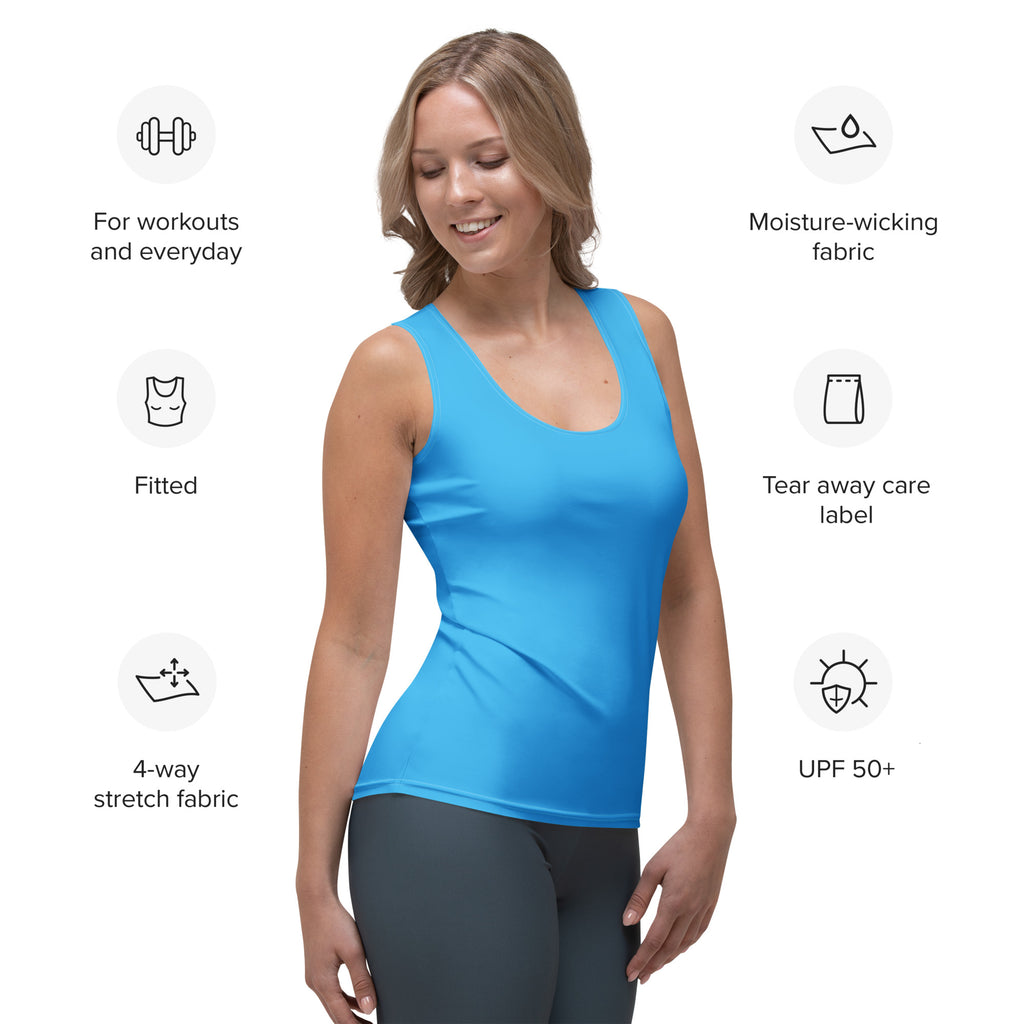 Women’s sky blue tank top made of moisture-wicking 4-way stretch fabric with quick drying buttery soft feel and UPF 50+