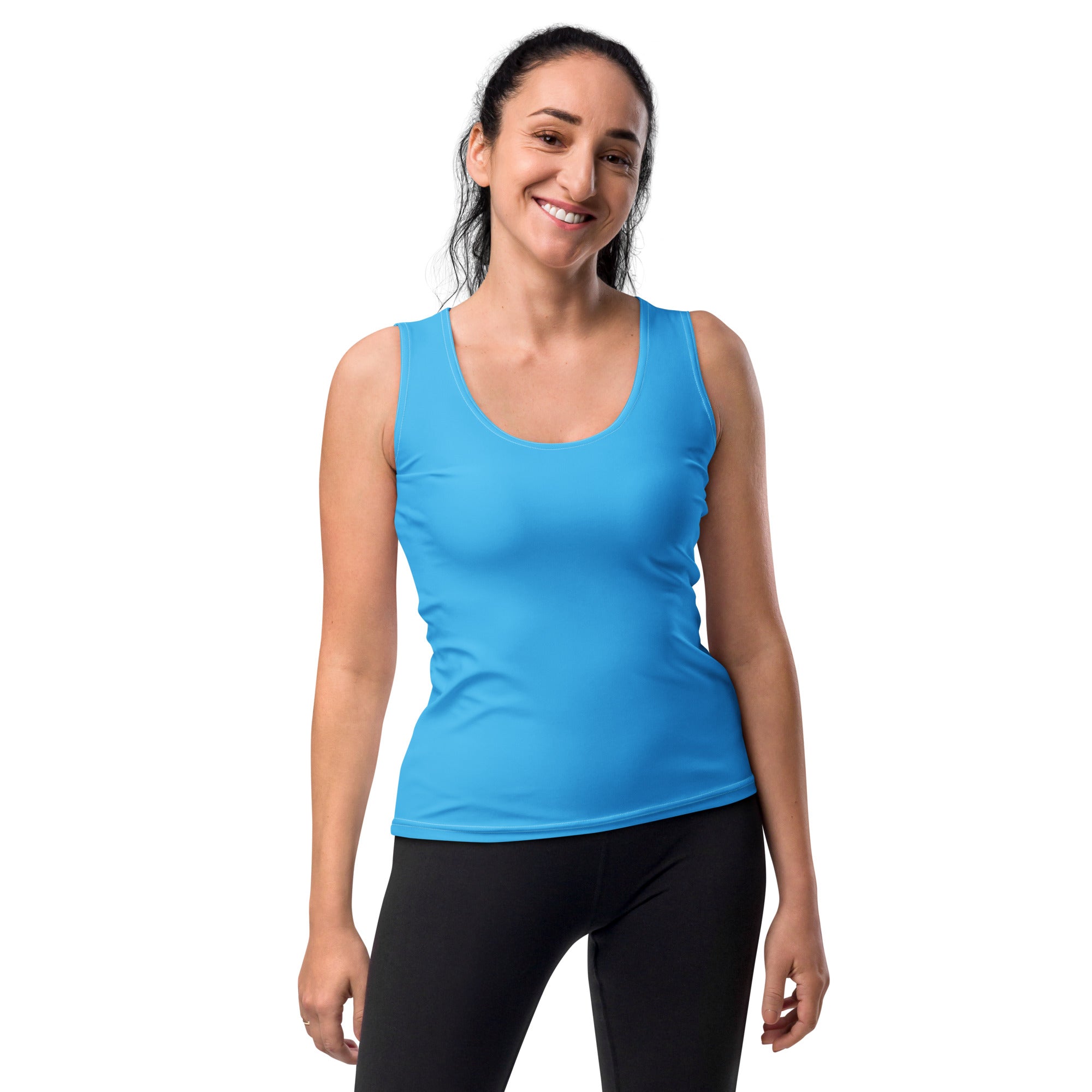 Bright blue sleeveless tank top with scoop neckline made from quick drying buttery soft fabric with UPF 50+