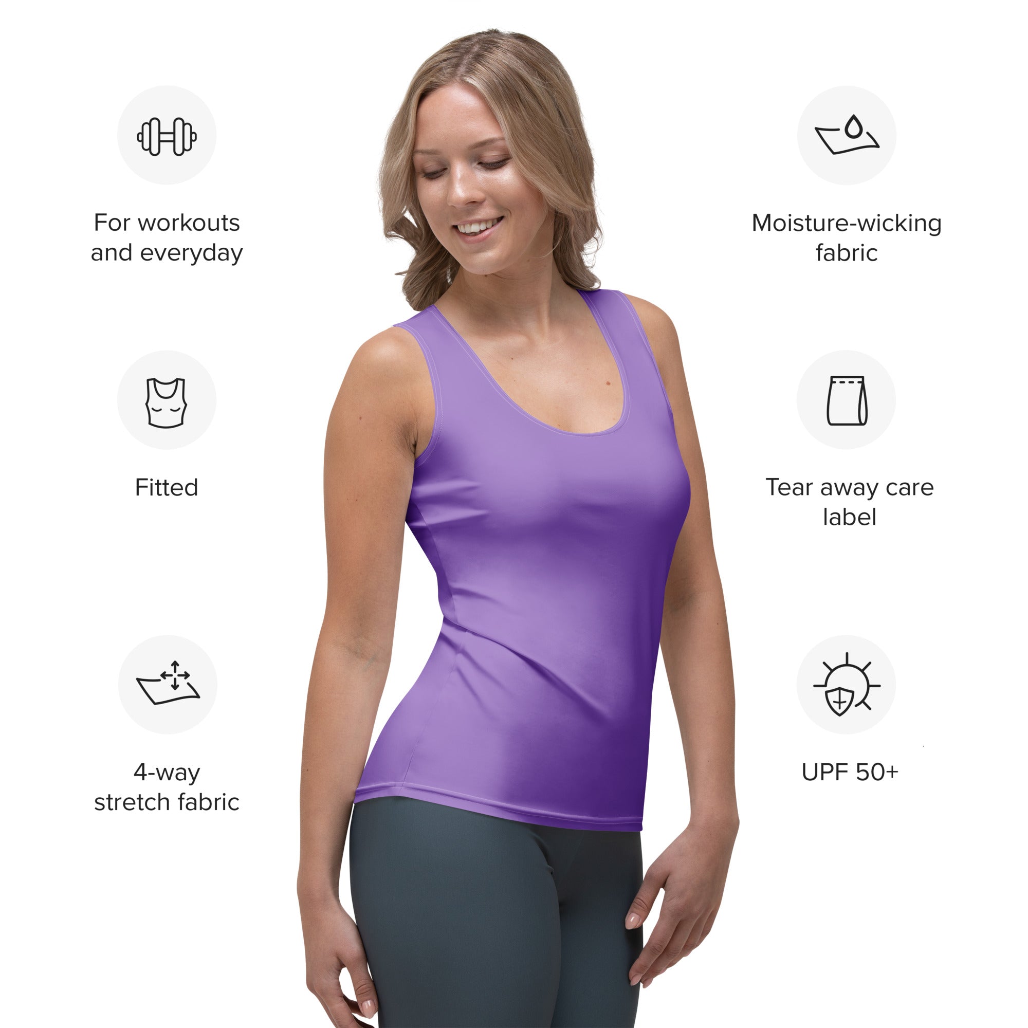 A vibrant purple women’s tank top made from quick drying buttery soft fabric with moisture wicking and UPF 50+