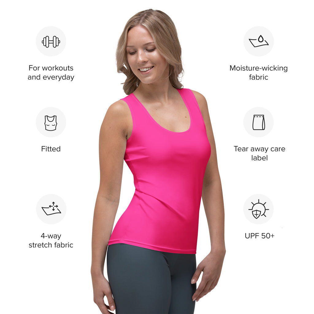 Bright pink women’s tank top made of buttery soft quick drying 4-way stretch fabric with UPF 50 plus sun protection