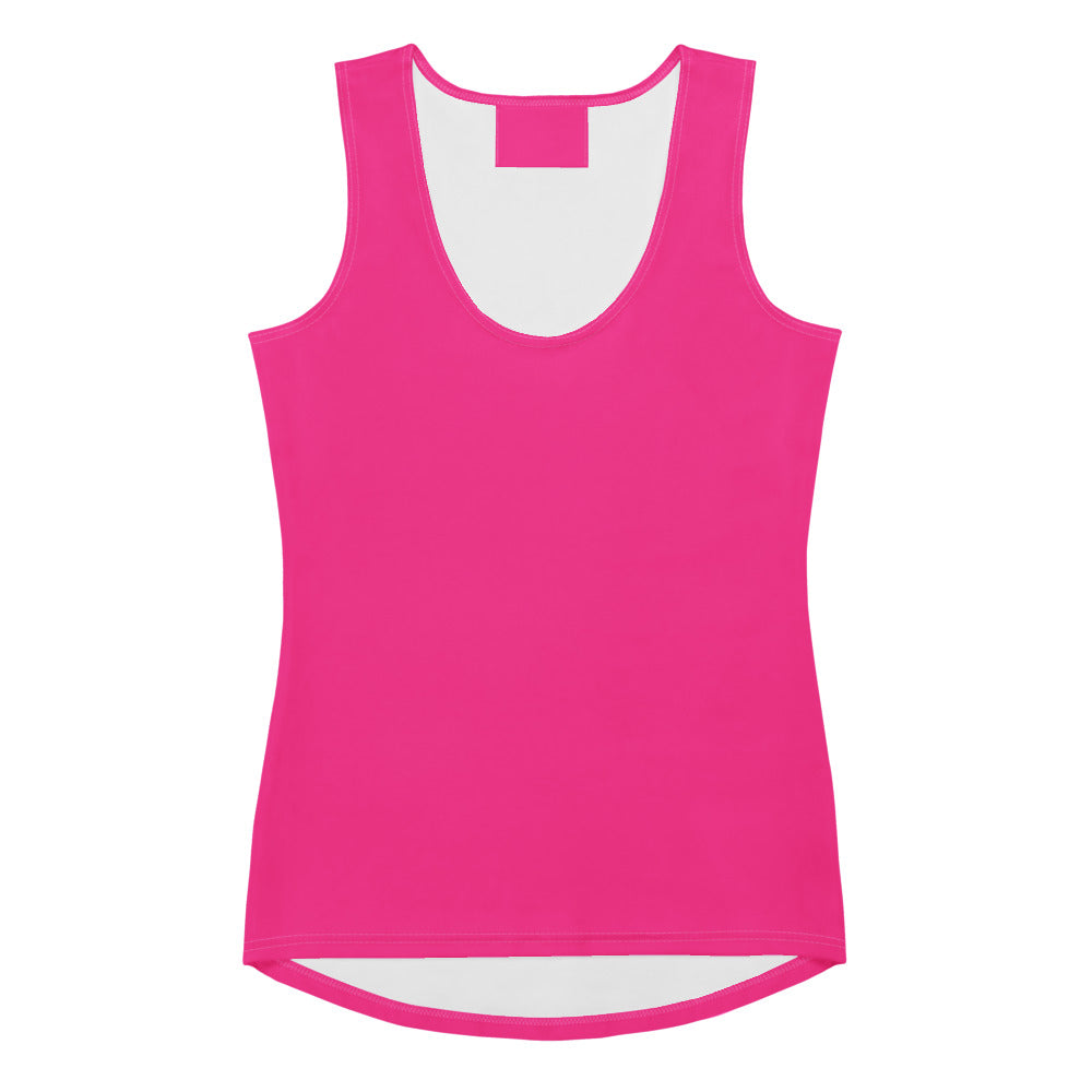A vibrant hot pink sleeveless tank top with white interior lining and quick drying buttery soft fabric with UPF 50+