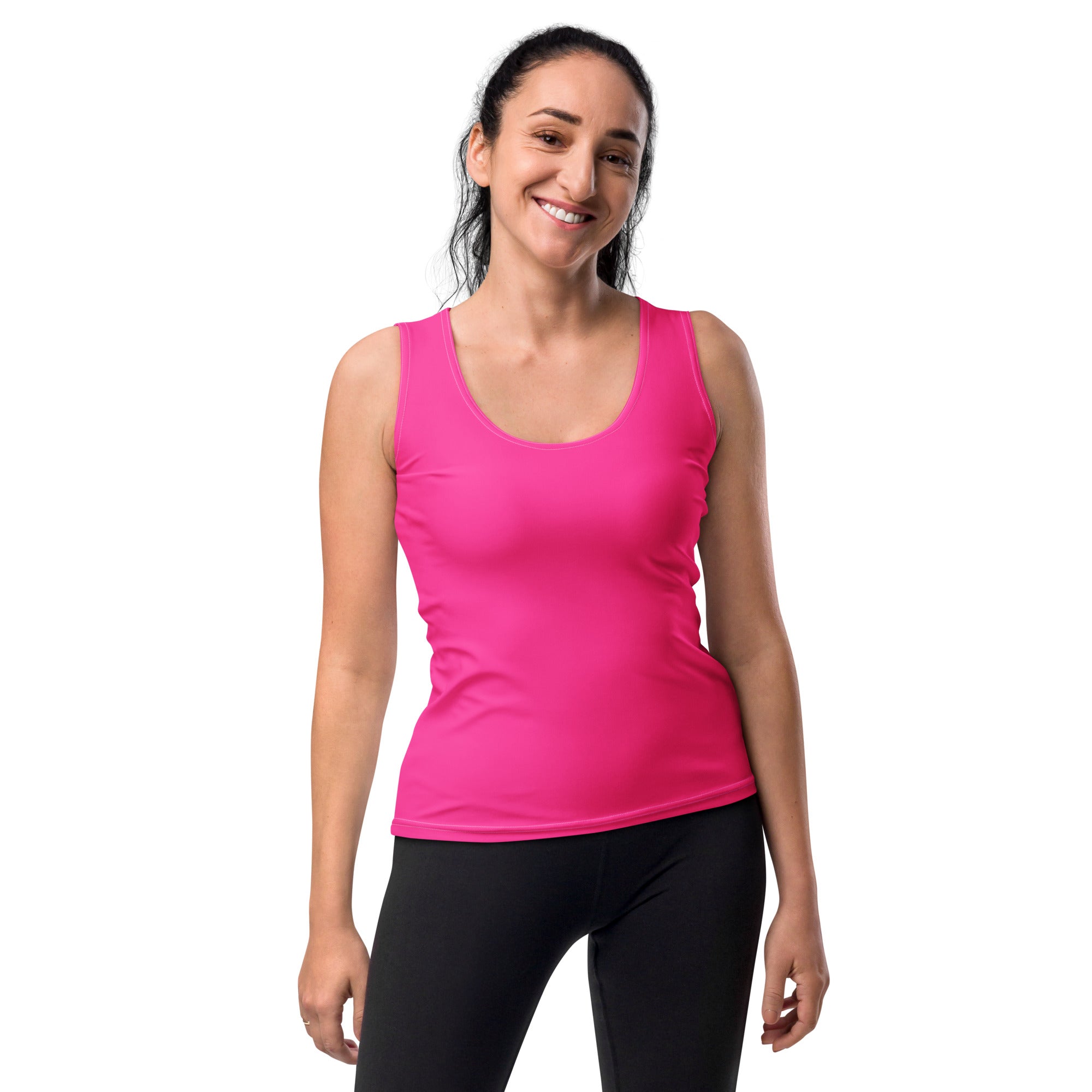 Women’s hot pink sleeveless tank top with scoop neckline quick drying buttery soft fabric and upf 50+ protection