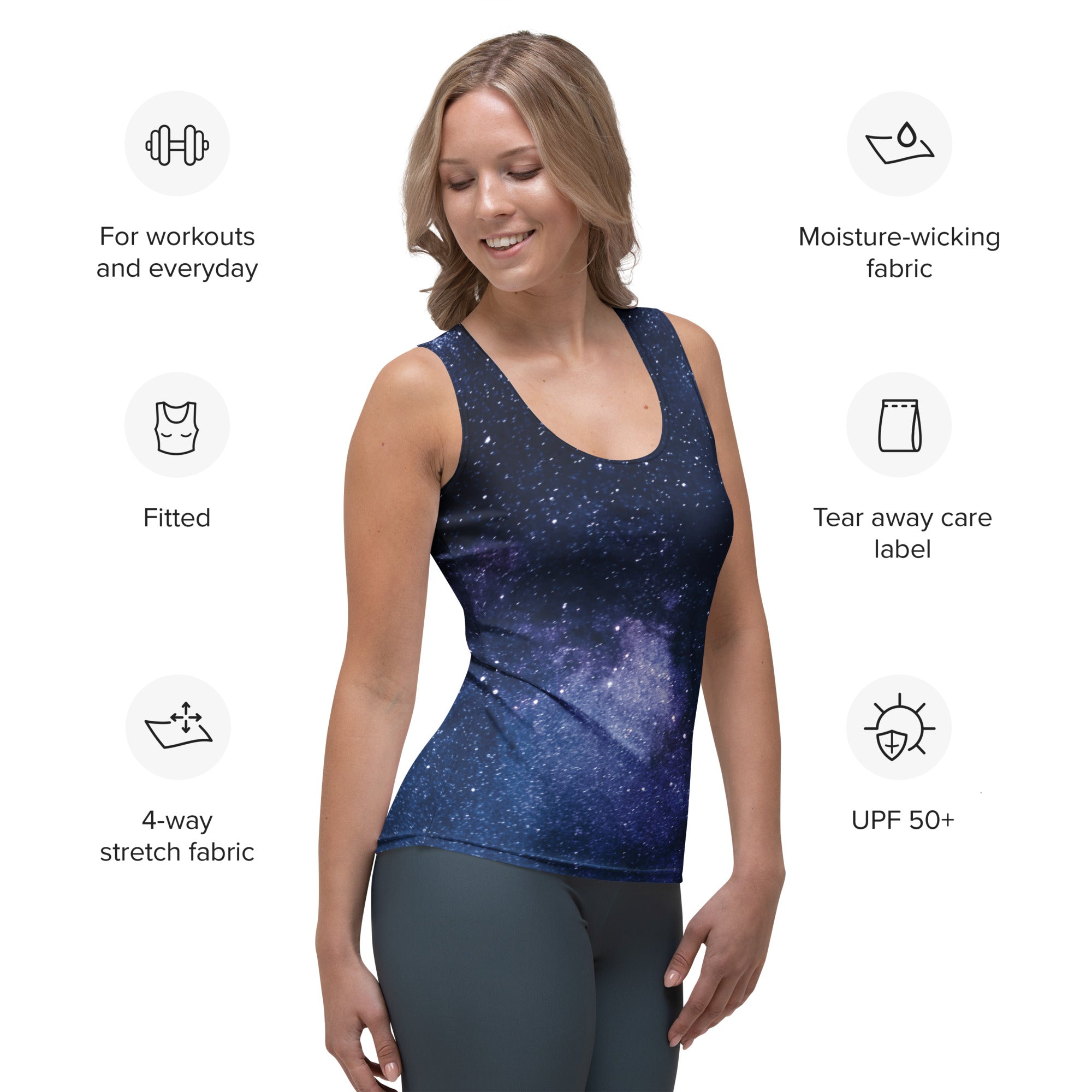 A navy blue galaxy-themed women’s fitted tank top made of moisture-wicking 4-way stretch fabric with UPF 50+