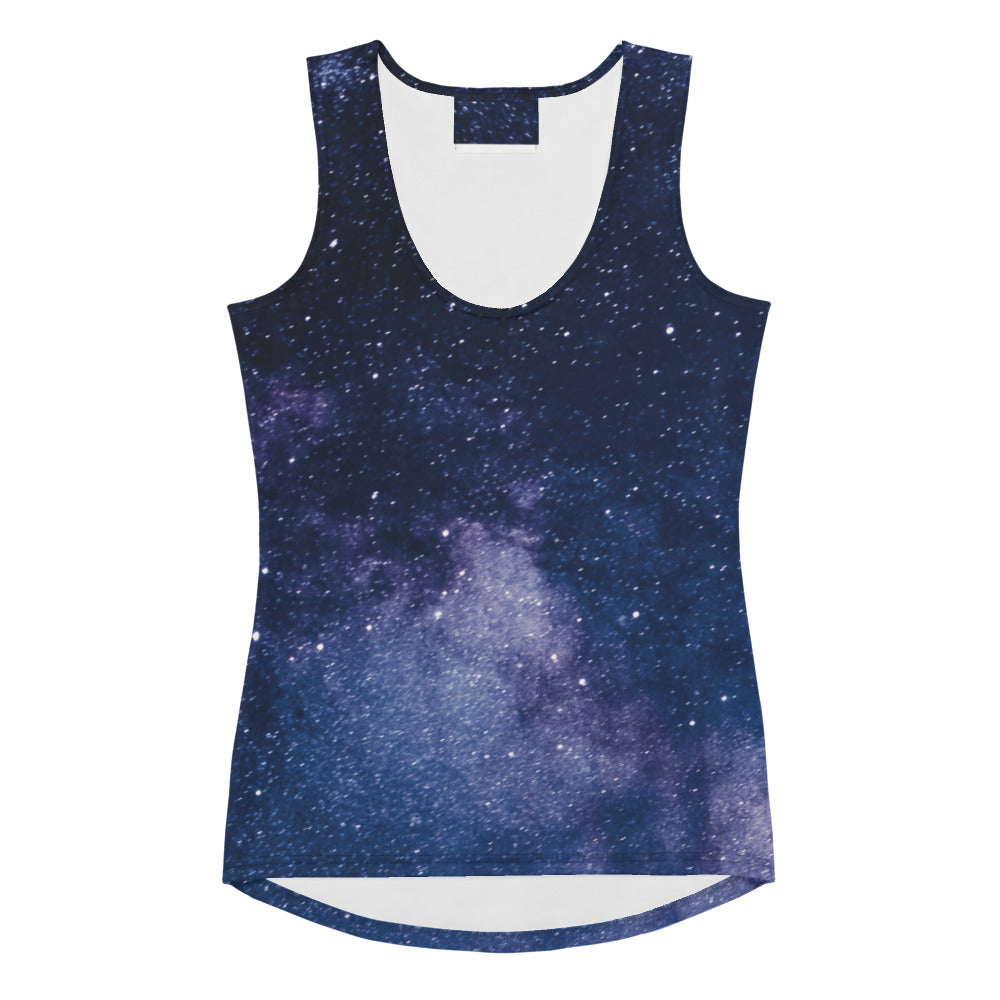 Women’s realistic galaxy tank top with cosmic print in deep blues and purples, quick drying buttery soft fabric with UPF 50+