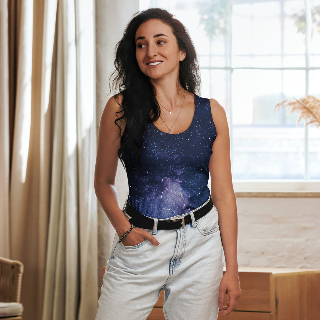 A navy blue women’s sleeveless tank top with a detailed galaxy print made of quick drying buttery soft fabric with UPF 50+