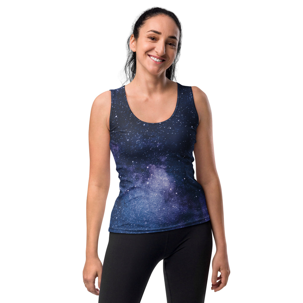 A navy blue galaxy-themed women’s tank top with quick drying buttery soft fabric and upf 50 plus protection