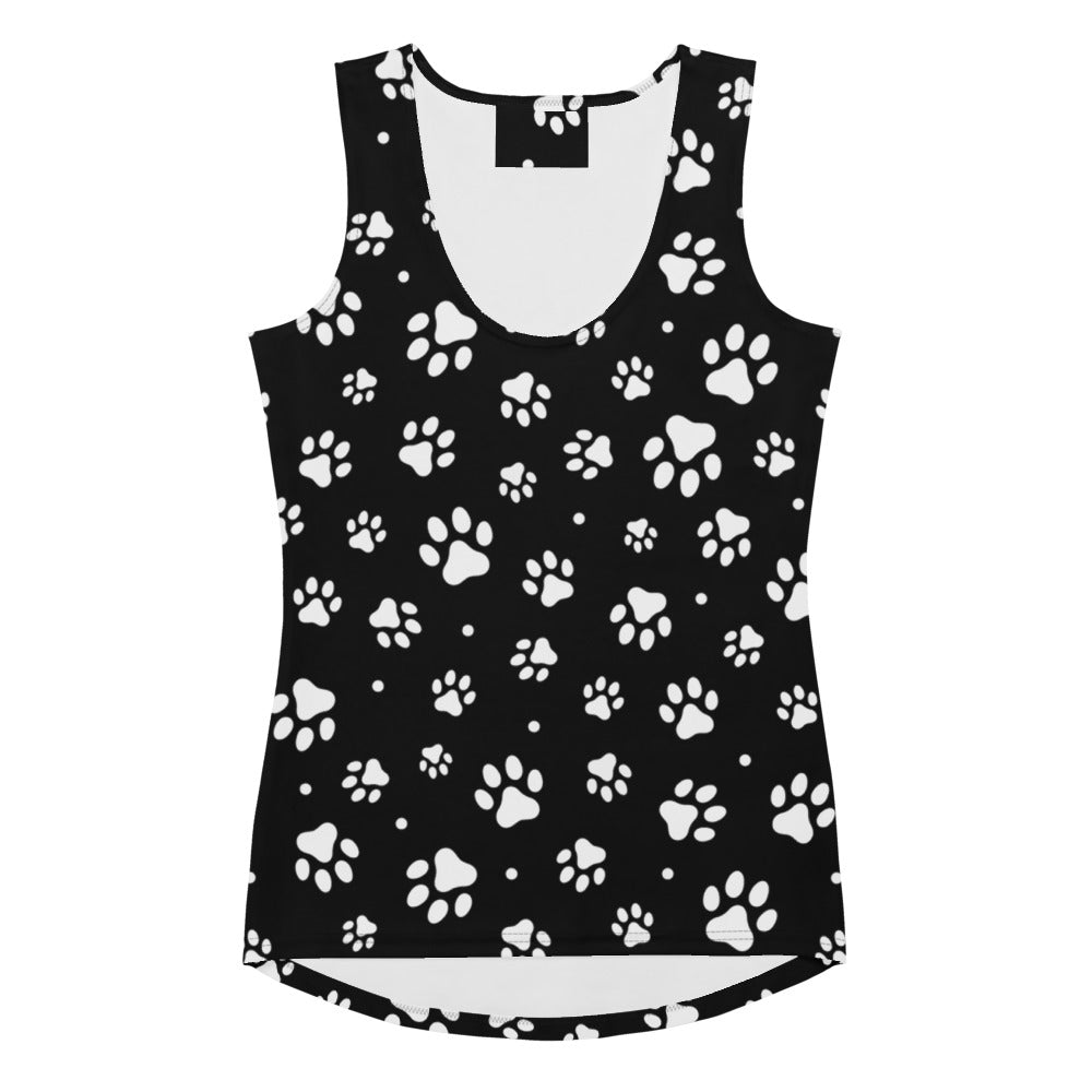 Women’s black tank top with white paw print pattern quick drying buttery soft fabric and upf 50+ protection