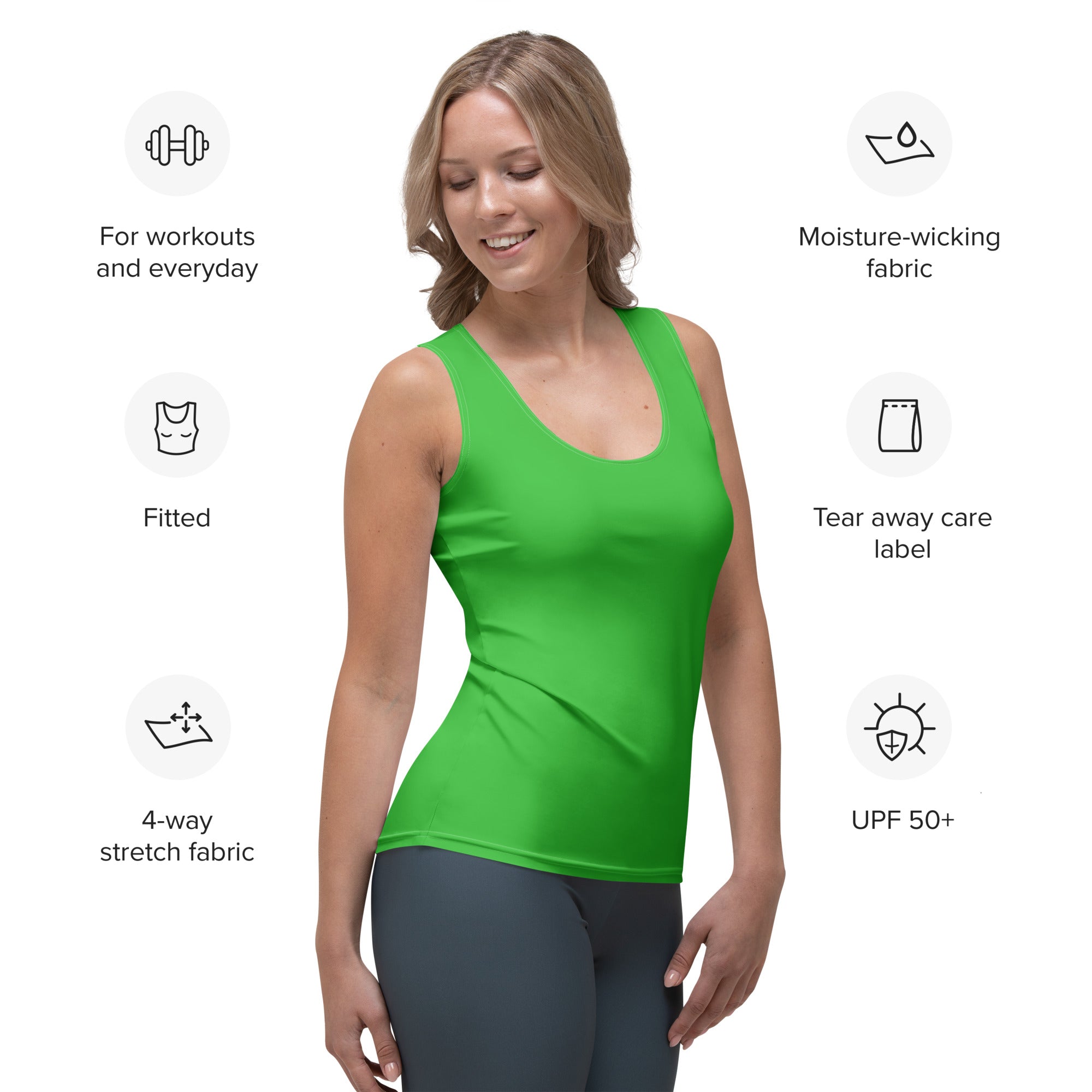 Bright green women’s tank top with moisture-wicking 4-way stretch fabric quick drying buttery soft upf 50+
