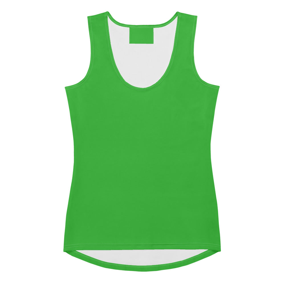 Bright green women’s sleeveless tank top with white interior lining made of quick drying buttery soft fabric with UPF 50+