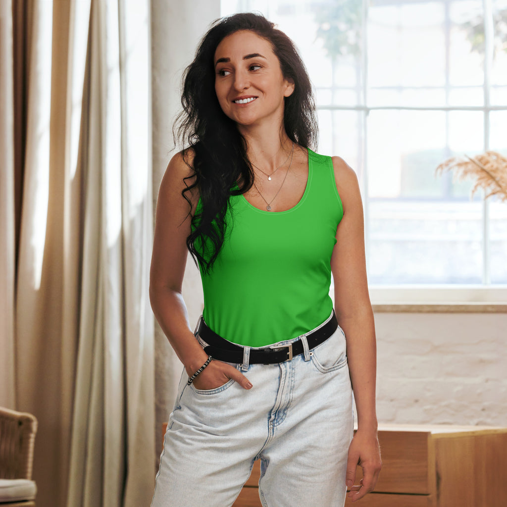 Bright green women’s tank top with rounded neckline quick drying buttery soft fabric and UPF 50 plus protection