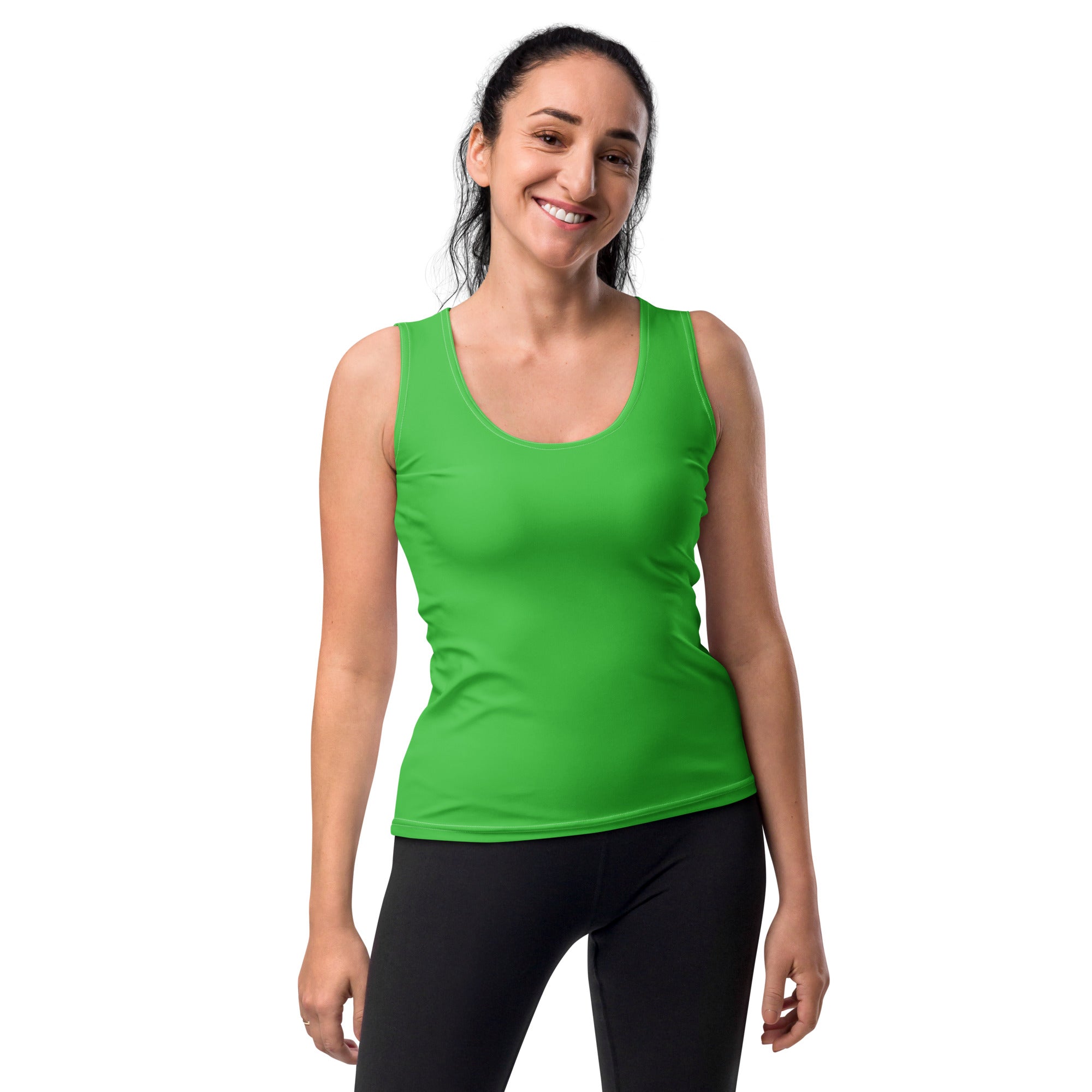 Bright green women’s tank top with scoop neckline made of quick drying buttery soft fabric with UPF 50+ protection