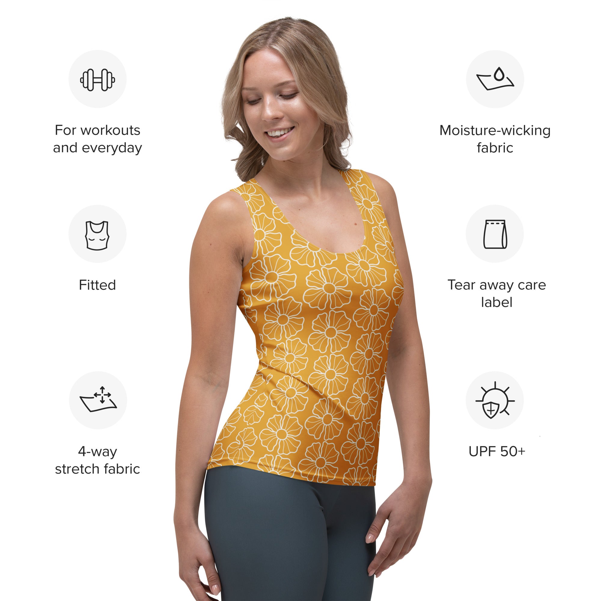 Women’s mustard yellow floral tank top with quick drying, buttery soft, moisture-wicking 4-way stretch fabric