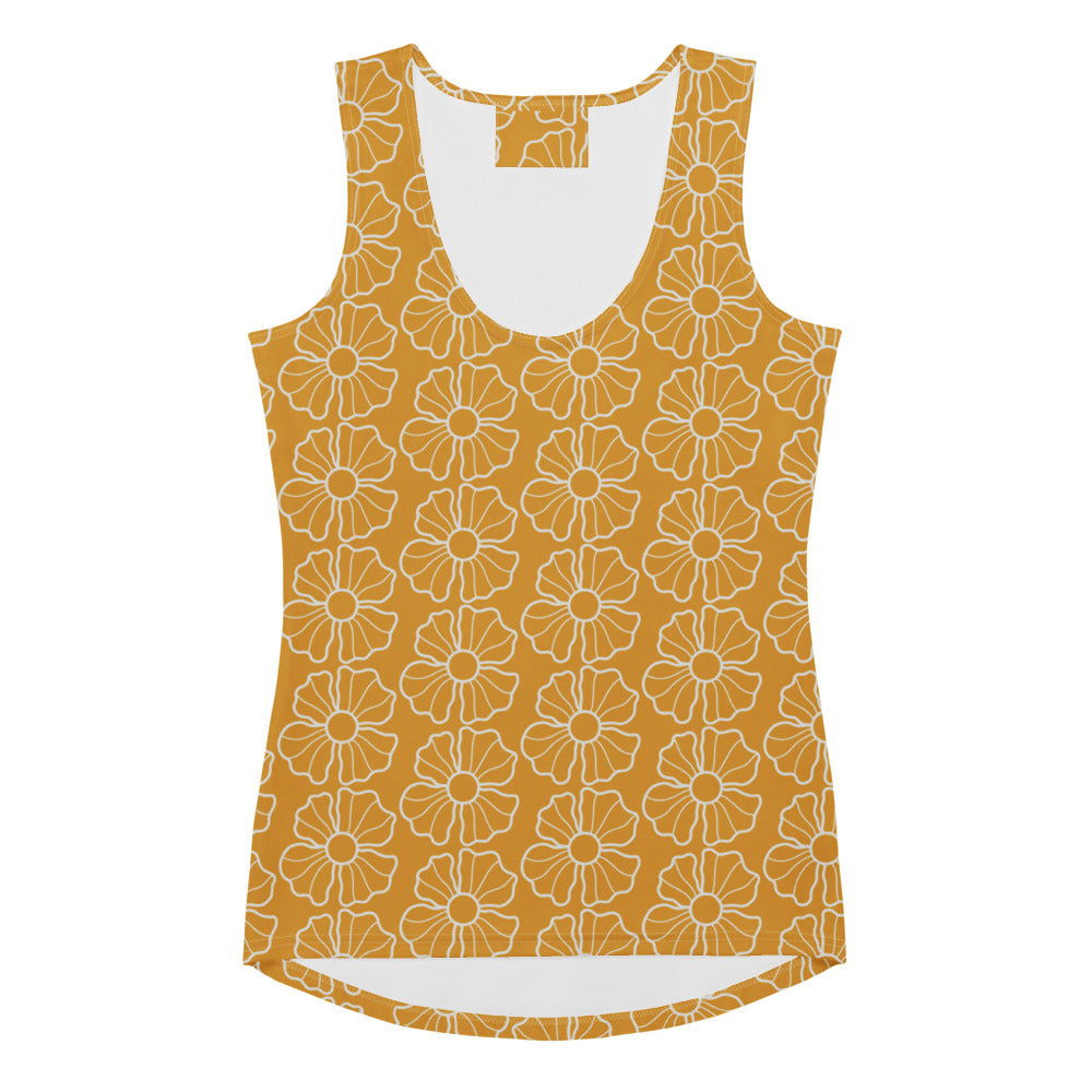 Women’s mustard yellow tank top with white floral line art in quick drying buttery soft fabric with UPF 50+ protection