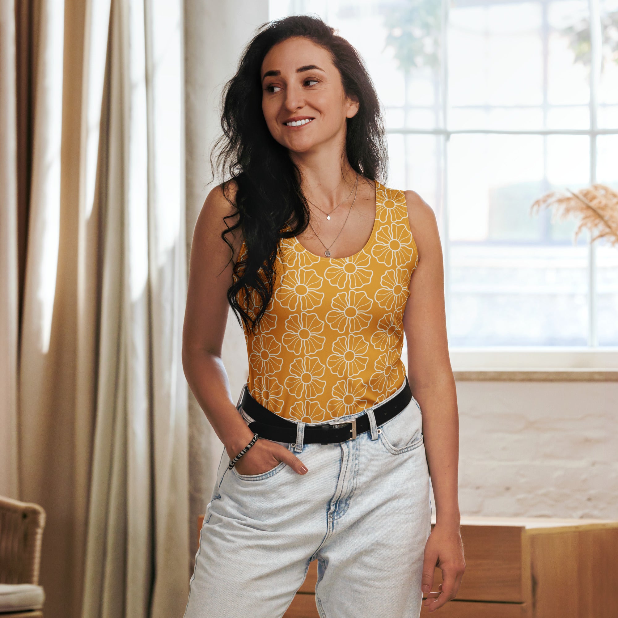 Women’s mustard yellow floral sleeveless tank top made of quick drying buttery soft fabric with upf 50 plus protection