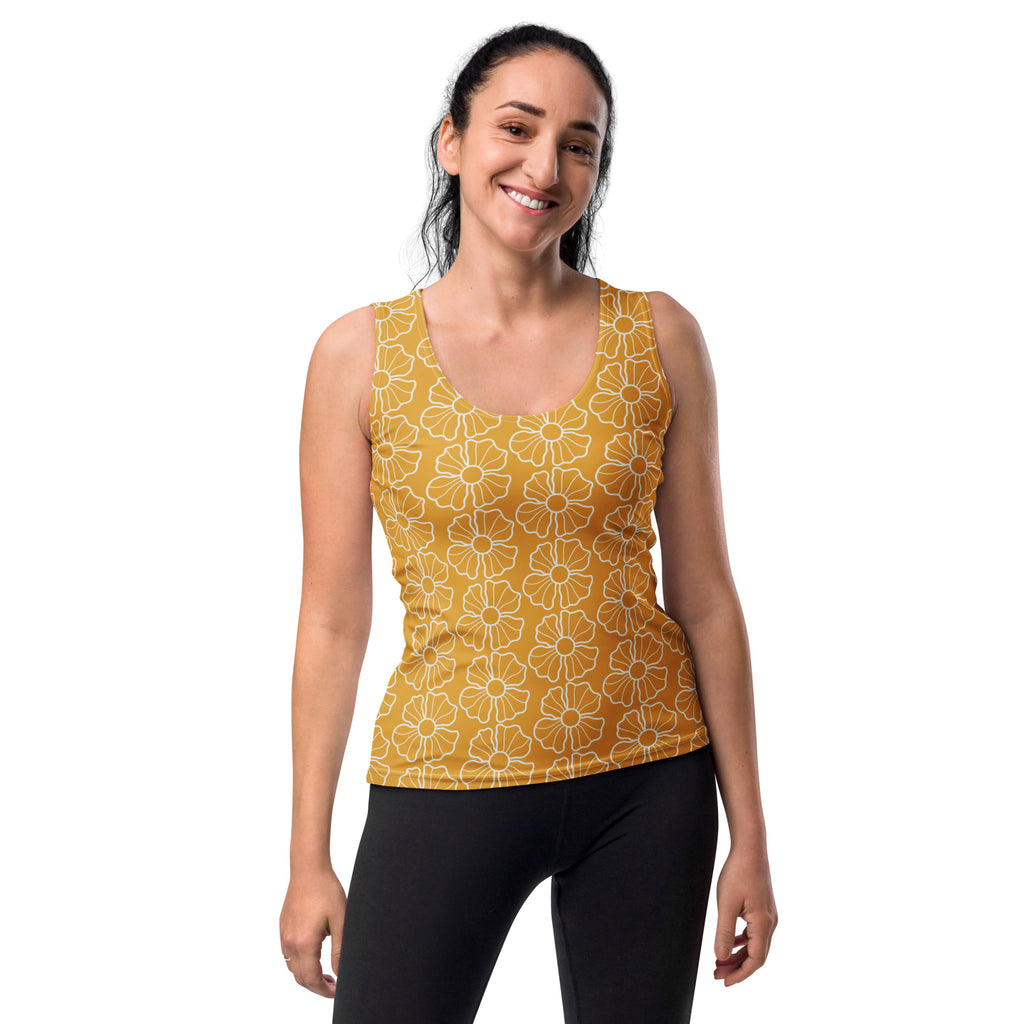 Yellow tank top with white outlined floral pattern made from buttery soft quick drying fabric with UPF 50+ protection