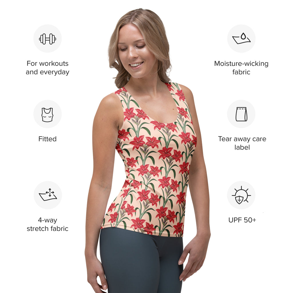 A fitted sleeveless peach tank top with red lily floral pattern made of quick drying buttery soft fabric with UPF 50+