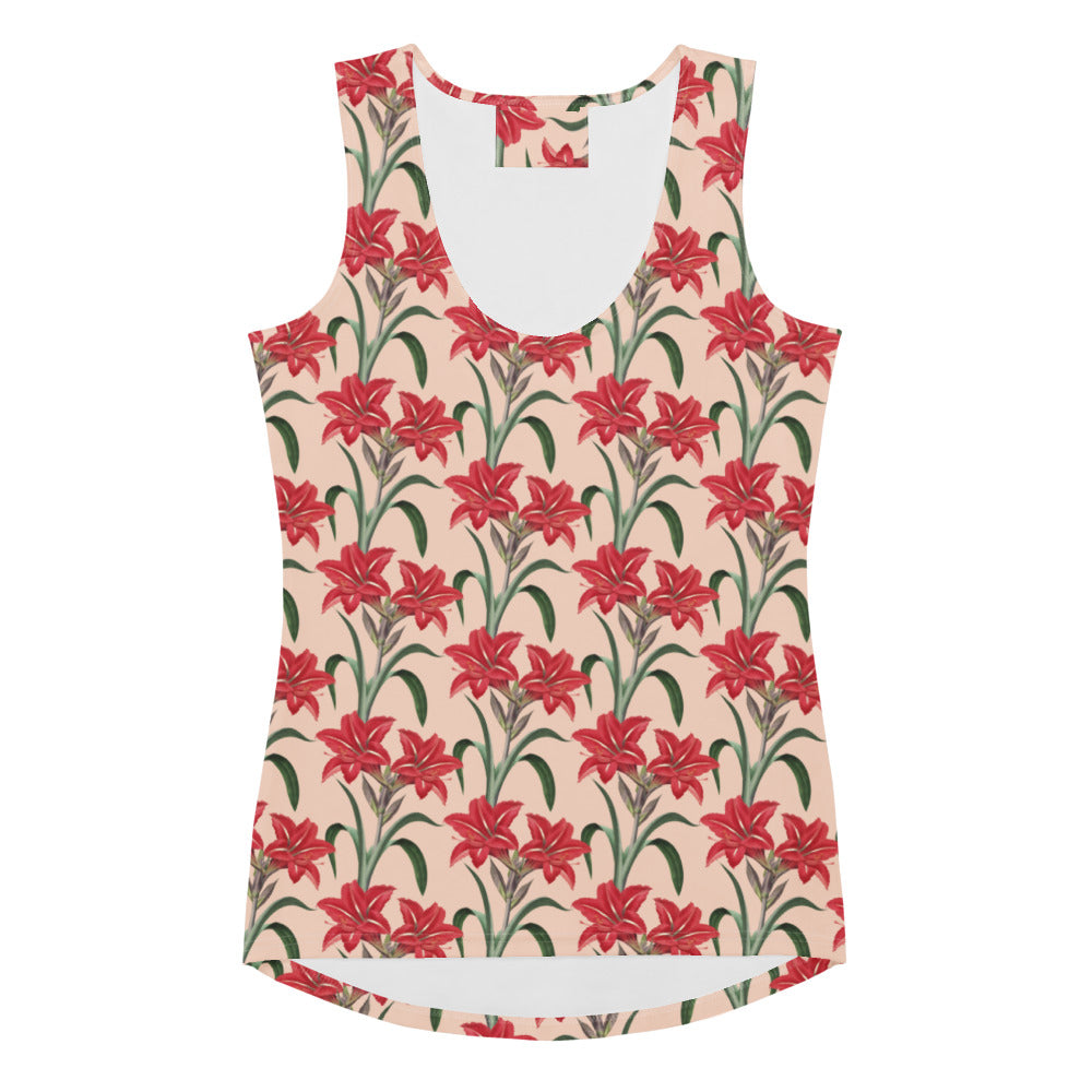 Women’s cream red lily floral tank top with quick drying buttery soft fabric and upf 50 plus on peach background