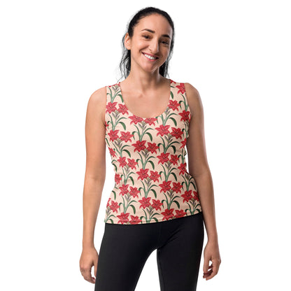 Women's Cream & Red Lily Floral Tank Top - Quick Drying, Buttery Soft Fabric With UPF 50+