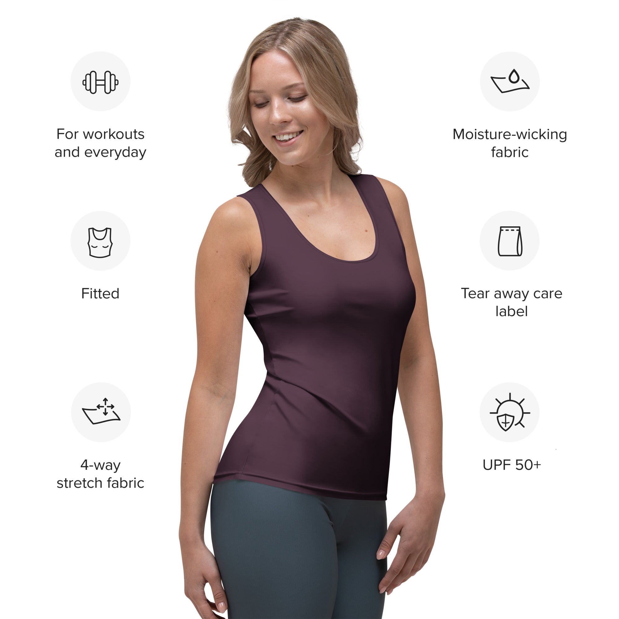 Women’s plum purple fitted sleeveless tank top made from quick drying moisture wicking 4-way stretch fabric with upf 50+