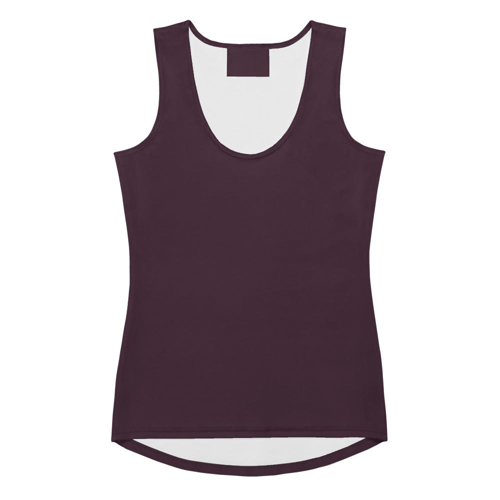 A women’s plum purple sleeveless tank top with white lining and curved hem made from quick drying soft fabric with UPF 50+