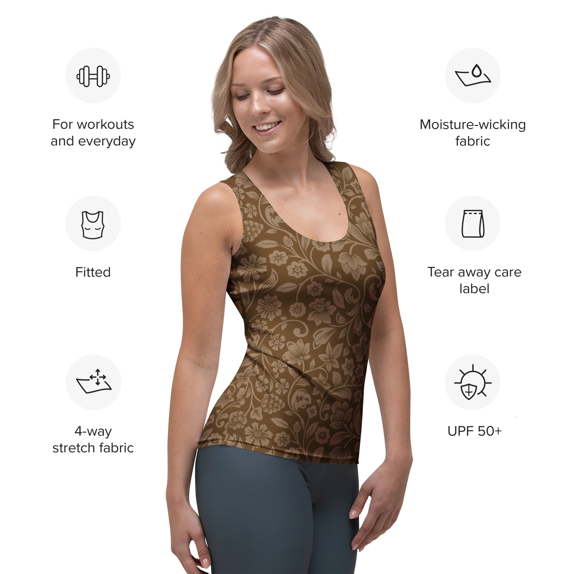 A fitted brown floral tank top made from quick drying buttery soft moisture-wicking 4-way stretch fabric with UPF 50+