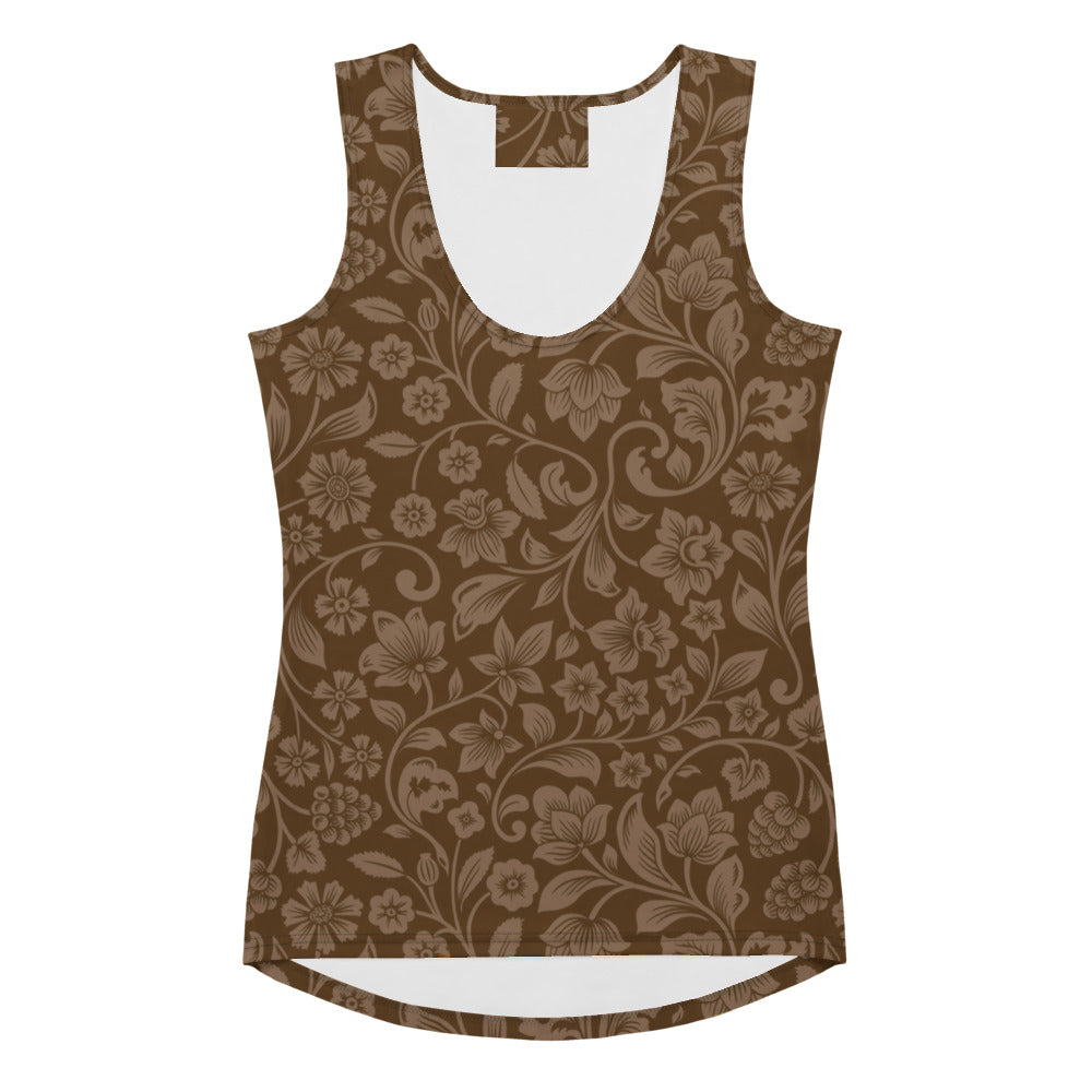 A brown floral tank top for women with scoop neckline high low hem quick drying buttery soft fabric upf 50+