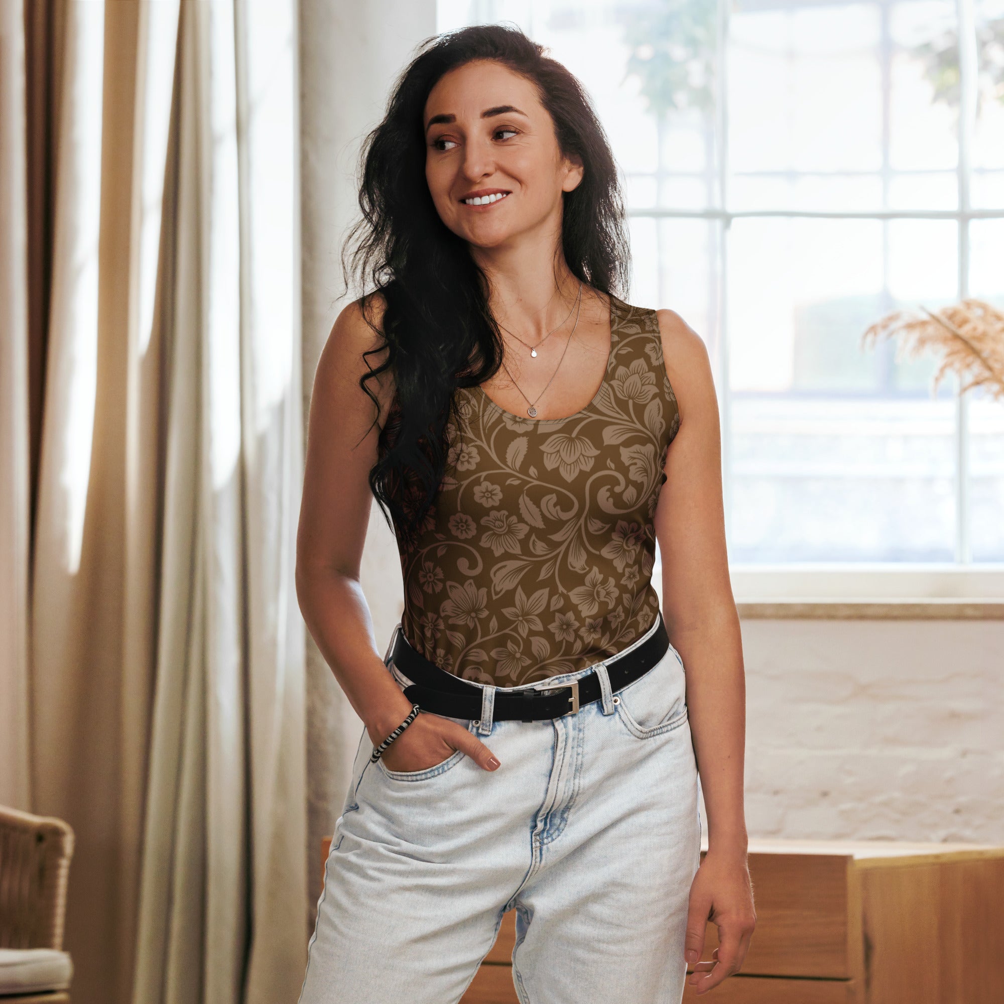 Women’s brown floral tank top with quick drying buttery soft fabric UPF 50+ featuring subtle sheen embroidery