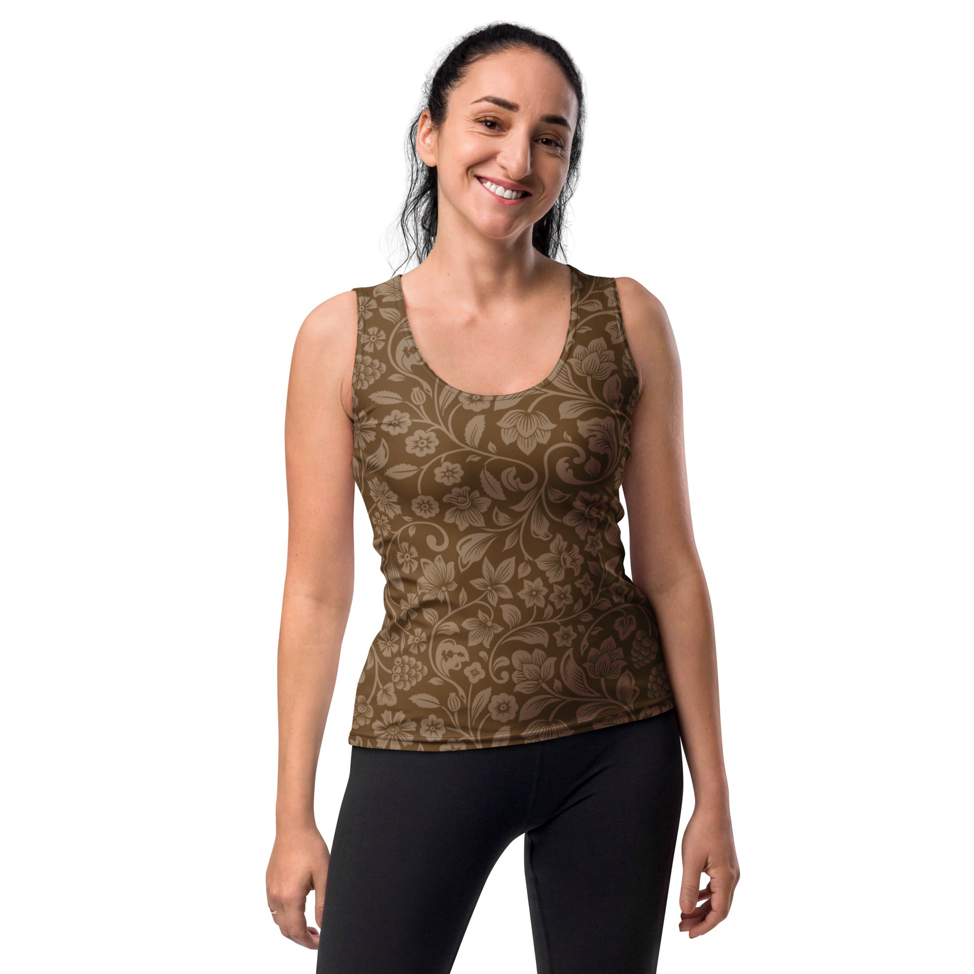 Women’s olive green floral print tank top with scoop neckline fitted silhouette quick drying buttery soft fabric upf 50+