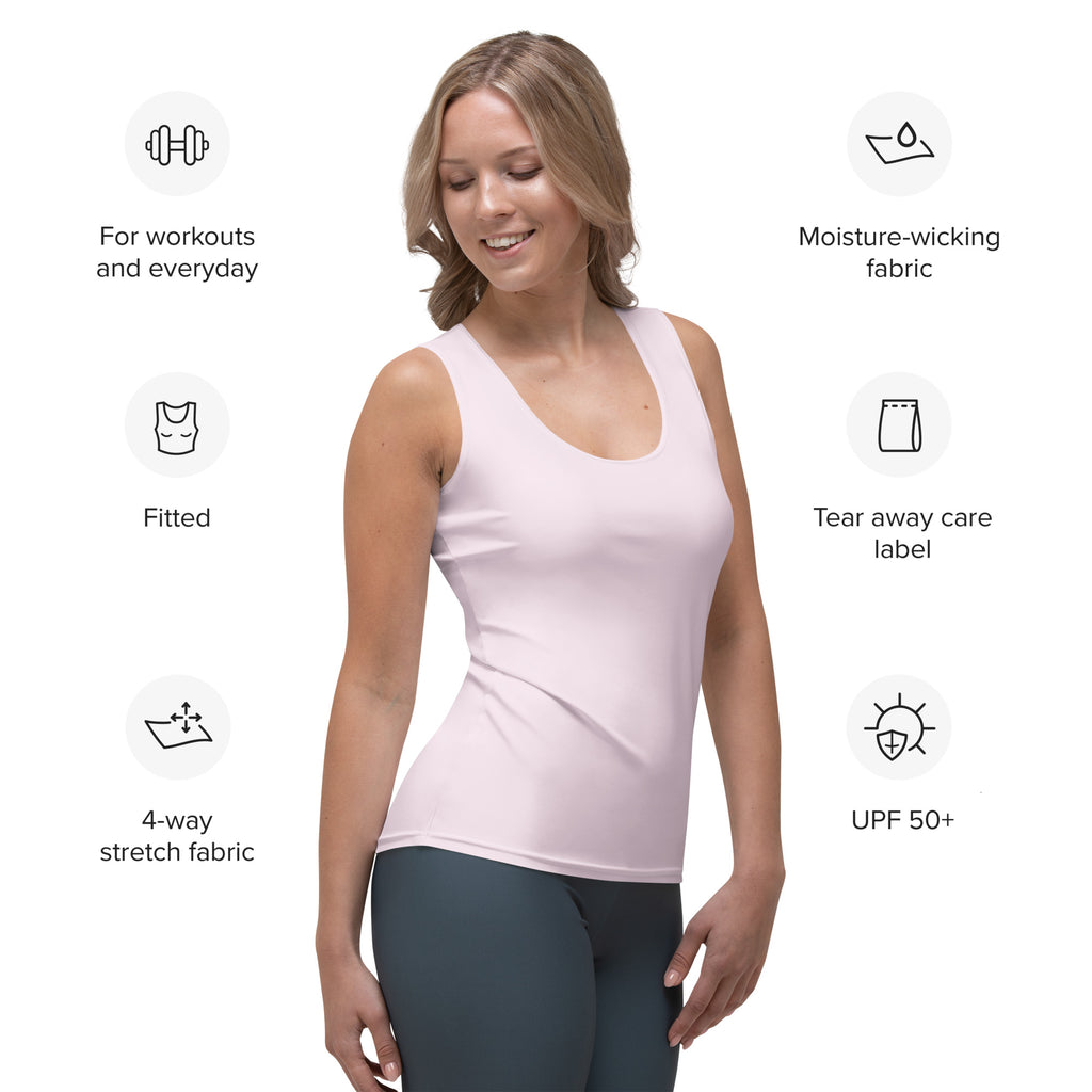 A soft pink fitted tank top made from 4-way stretch moisture-wicking fabric with UPF 50 plus protection
