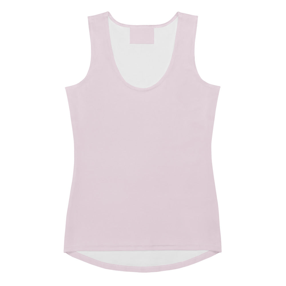 A soft pink sleeveless tank top with a rounded neckline and high low hemline made from quick drying buttery fabric with UPF 50+
