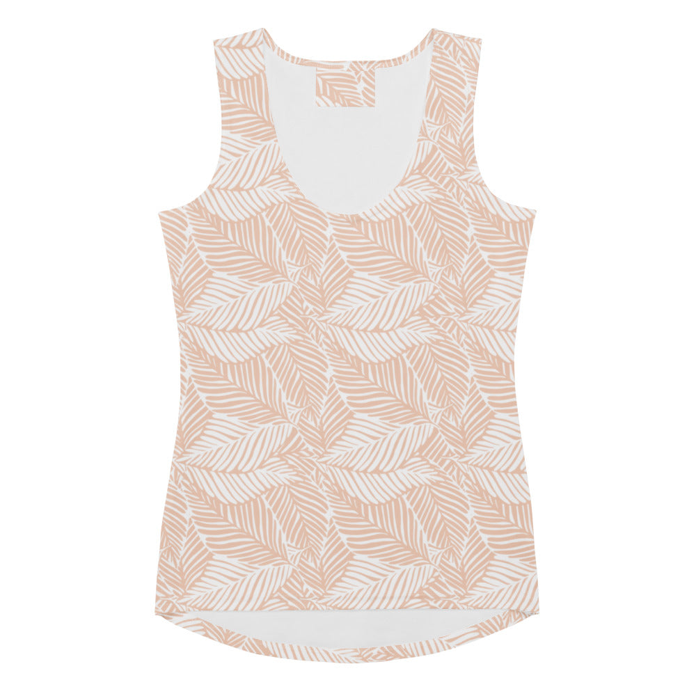 Women’s beige palm leaf tank top with quick drying buttery soft fabric and curved hem in peach and white