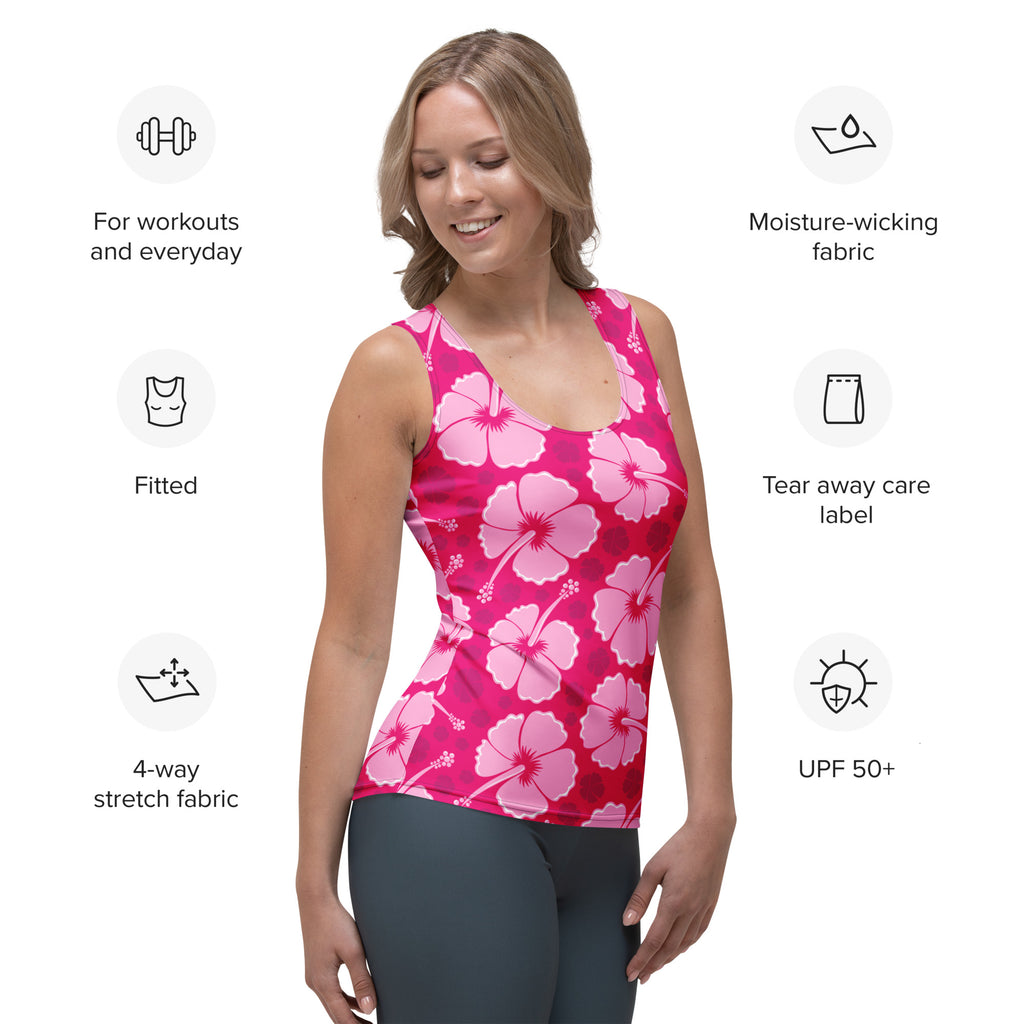 Women’s tropical pink hibiscus floral tank top with quick drying, buttery soft, moisture-wicking 4-way stretch fabric